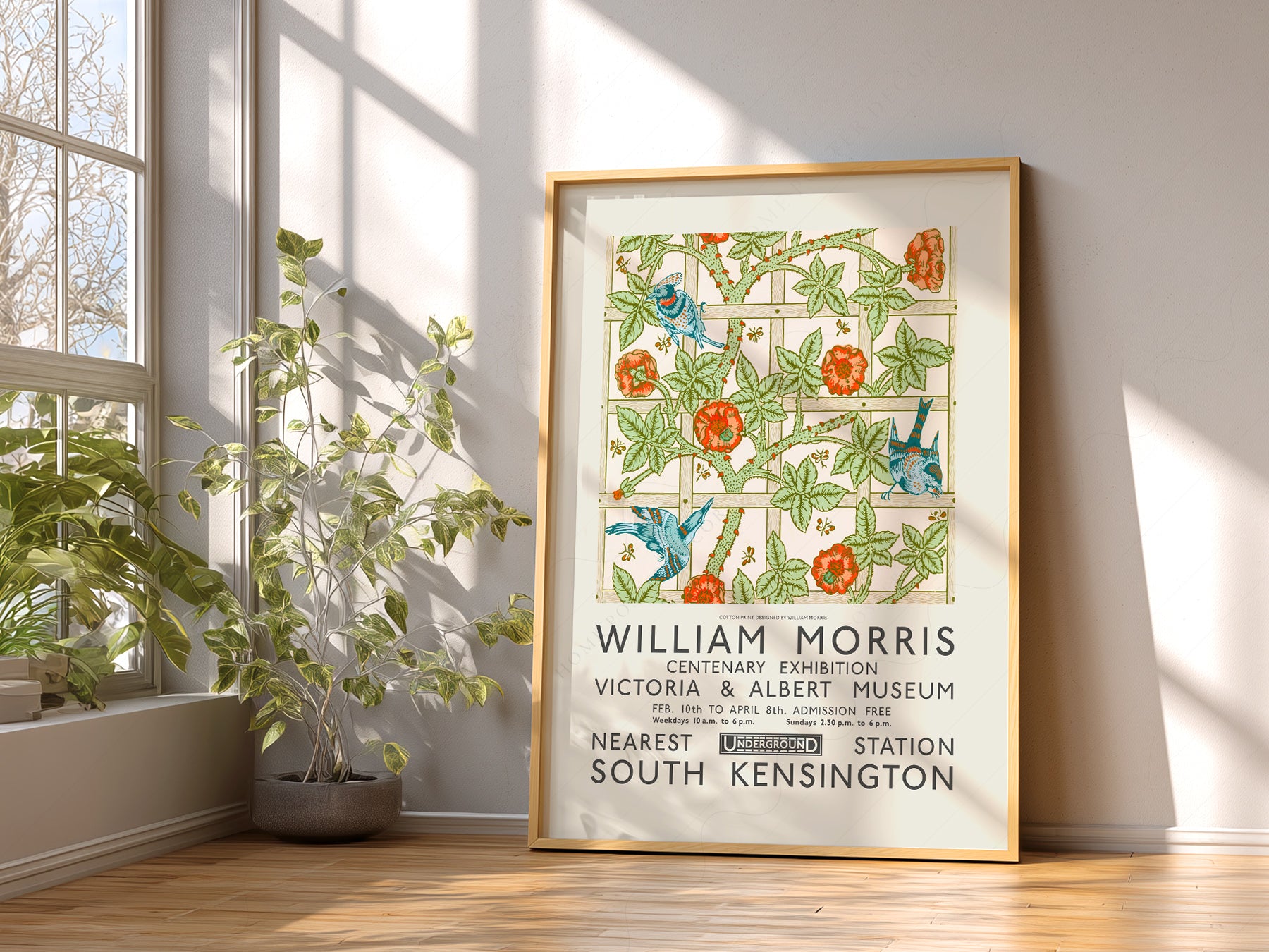 William Morris art print as wall decor in a minimalist home office
