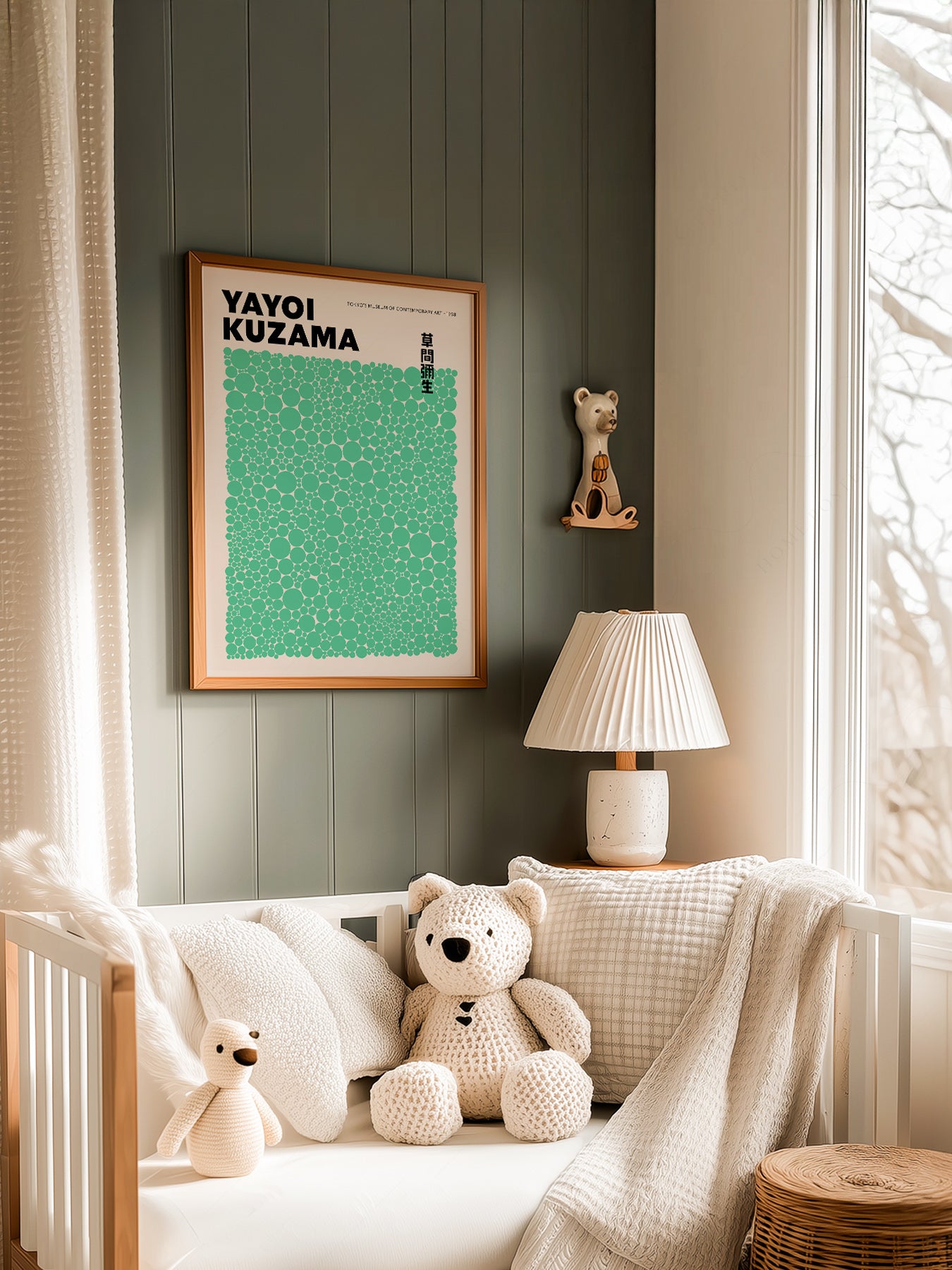 Yayoi Kusama Green Dots Exhibition in a light-filled Japandi-inspired living space