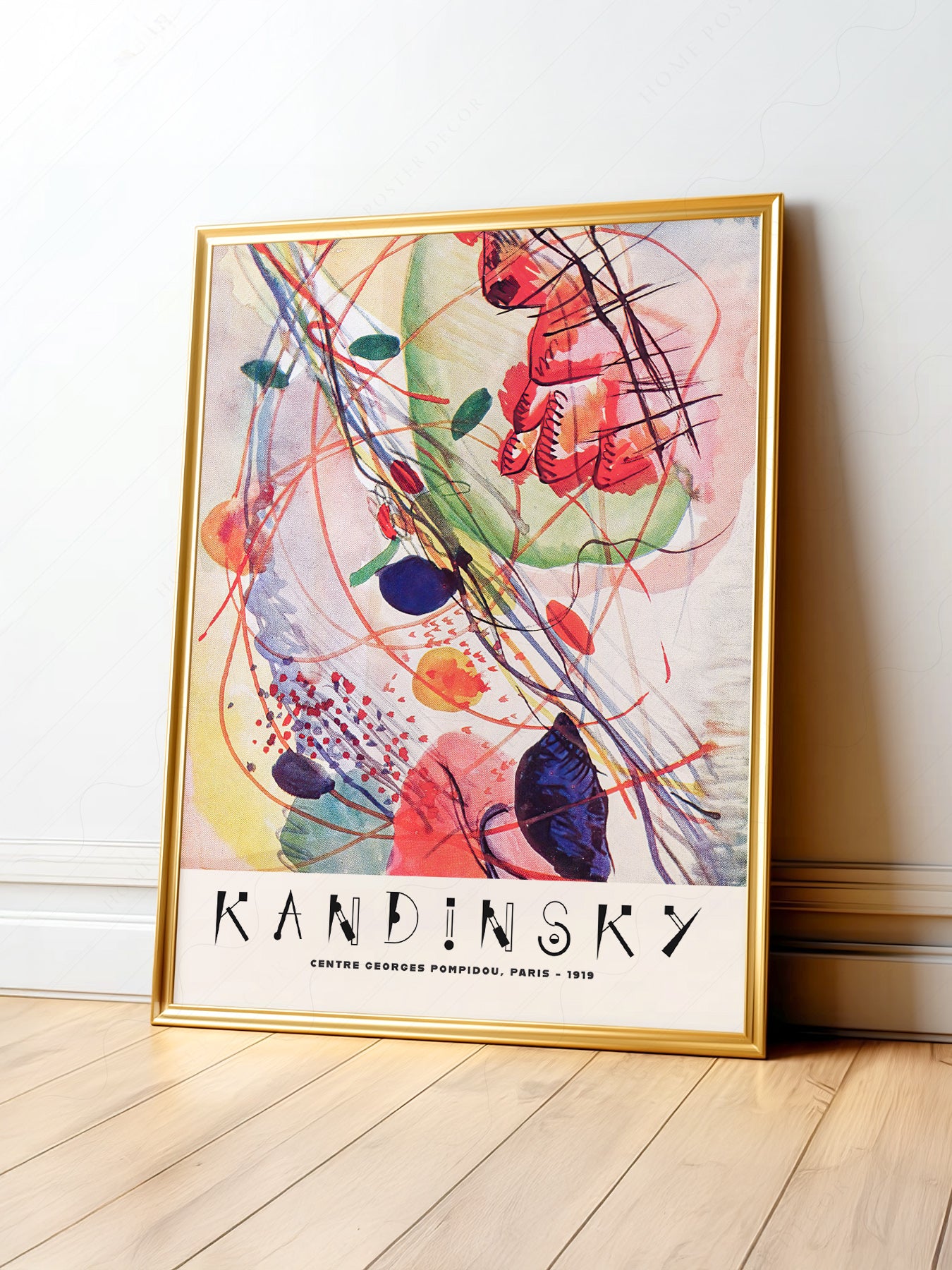 Wassily Kandinsky abstract exhibition poster with swirling lines and vibrant colors as modern wall art.