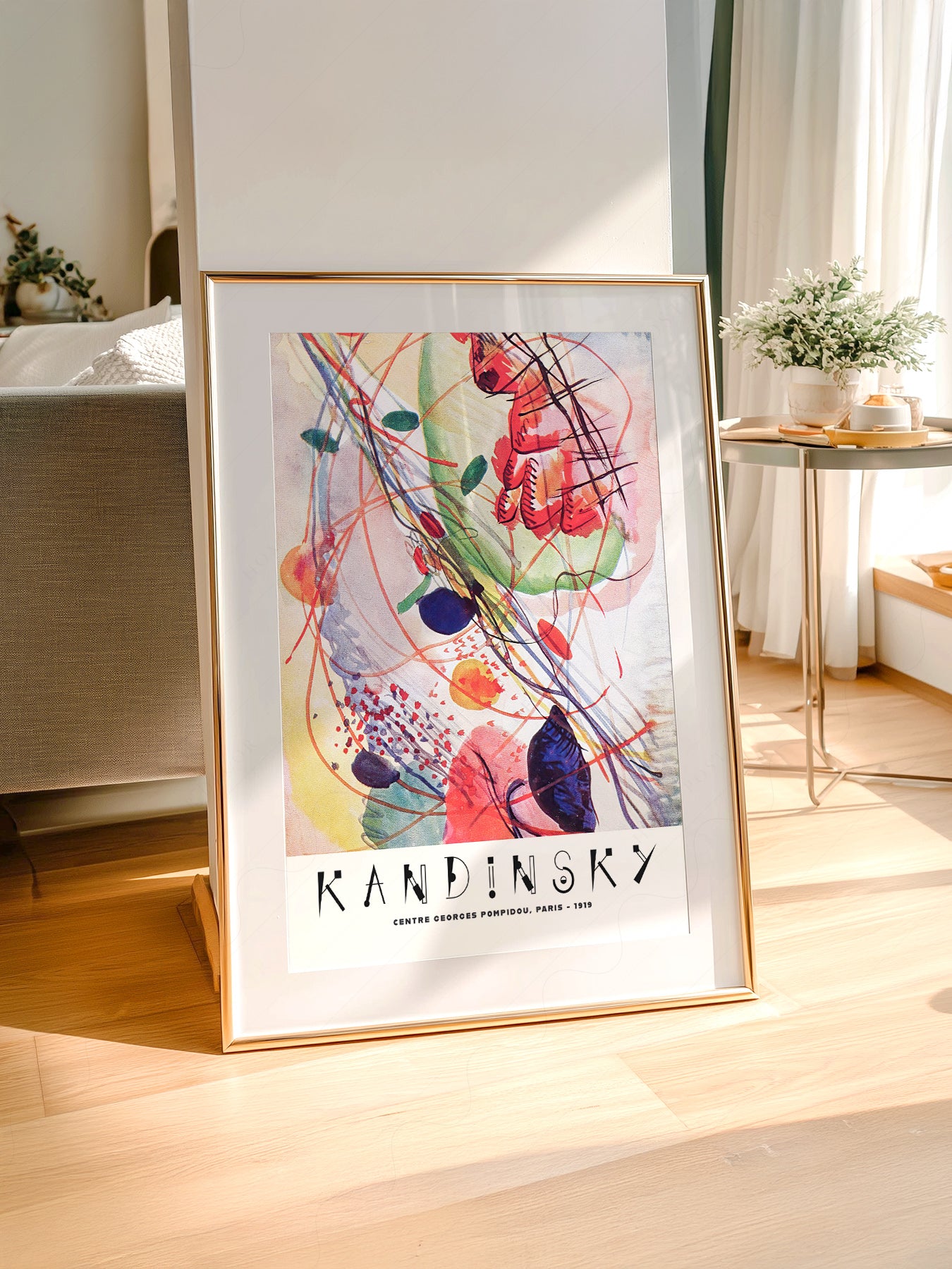 Wassily Kandinsky art print styled in a Scandinavian bedroom