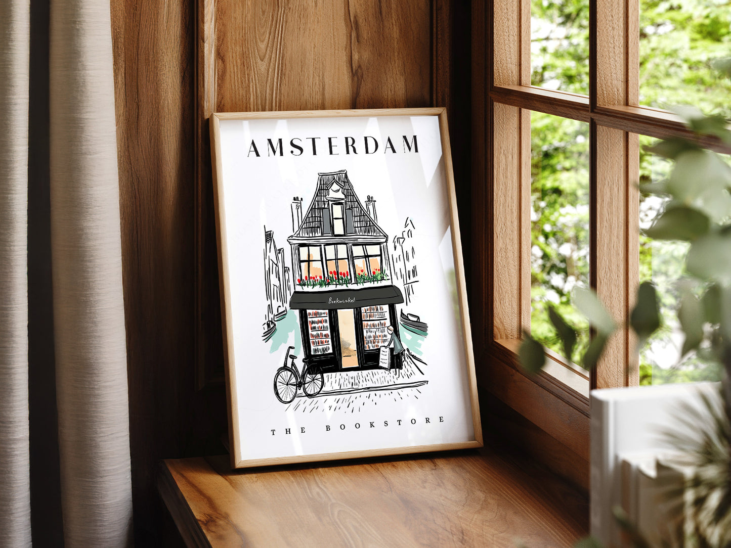 Amsterdam Bookstore wall art print displayed in a bright modern living room
