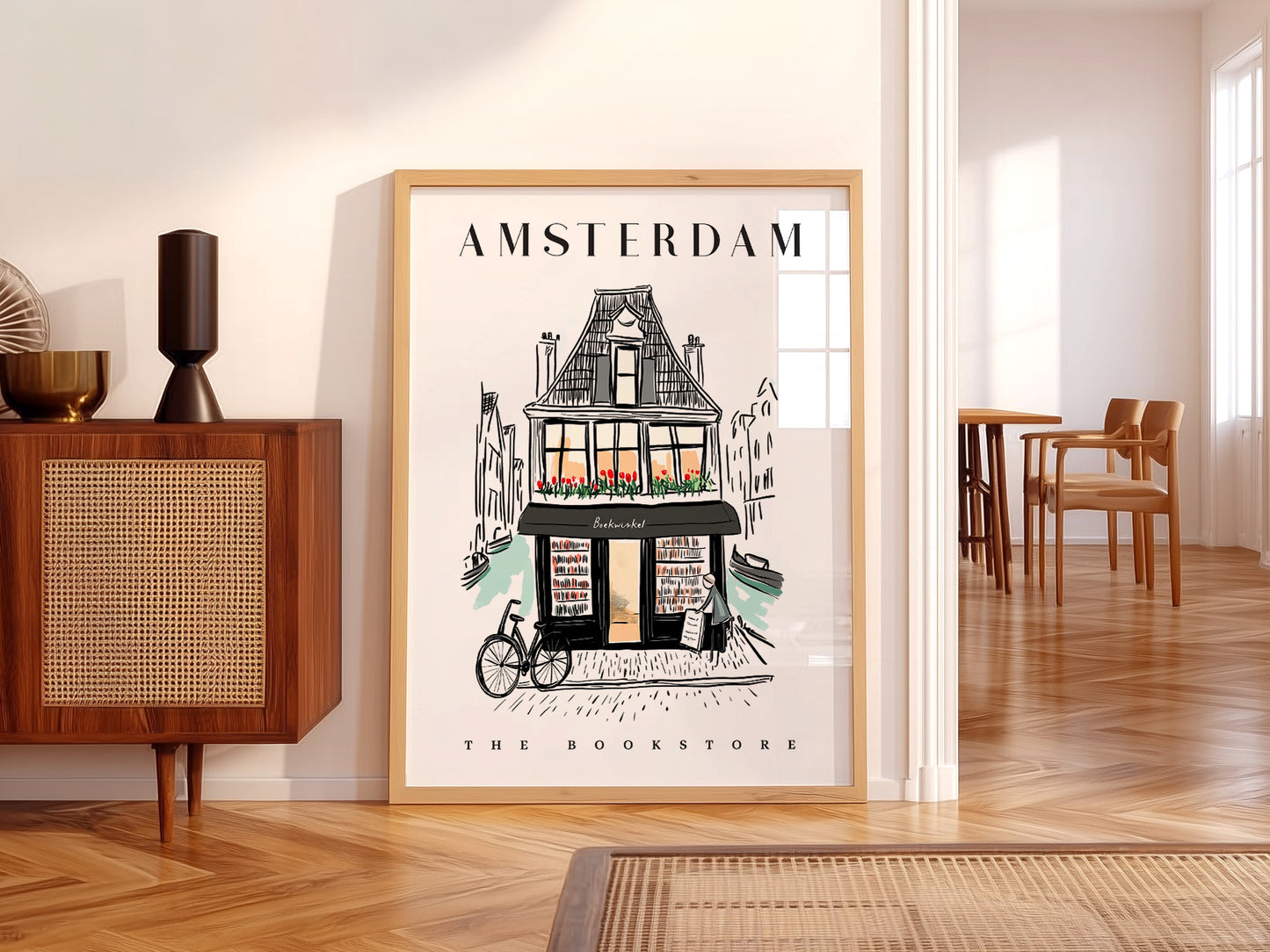 Amsterdam Bookstore wall art in a cozy home study or reading room