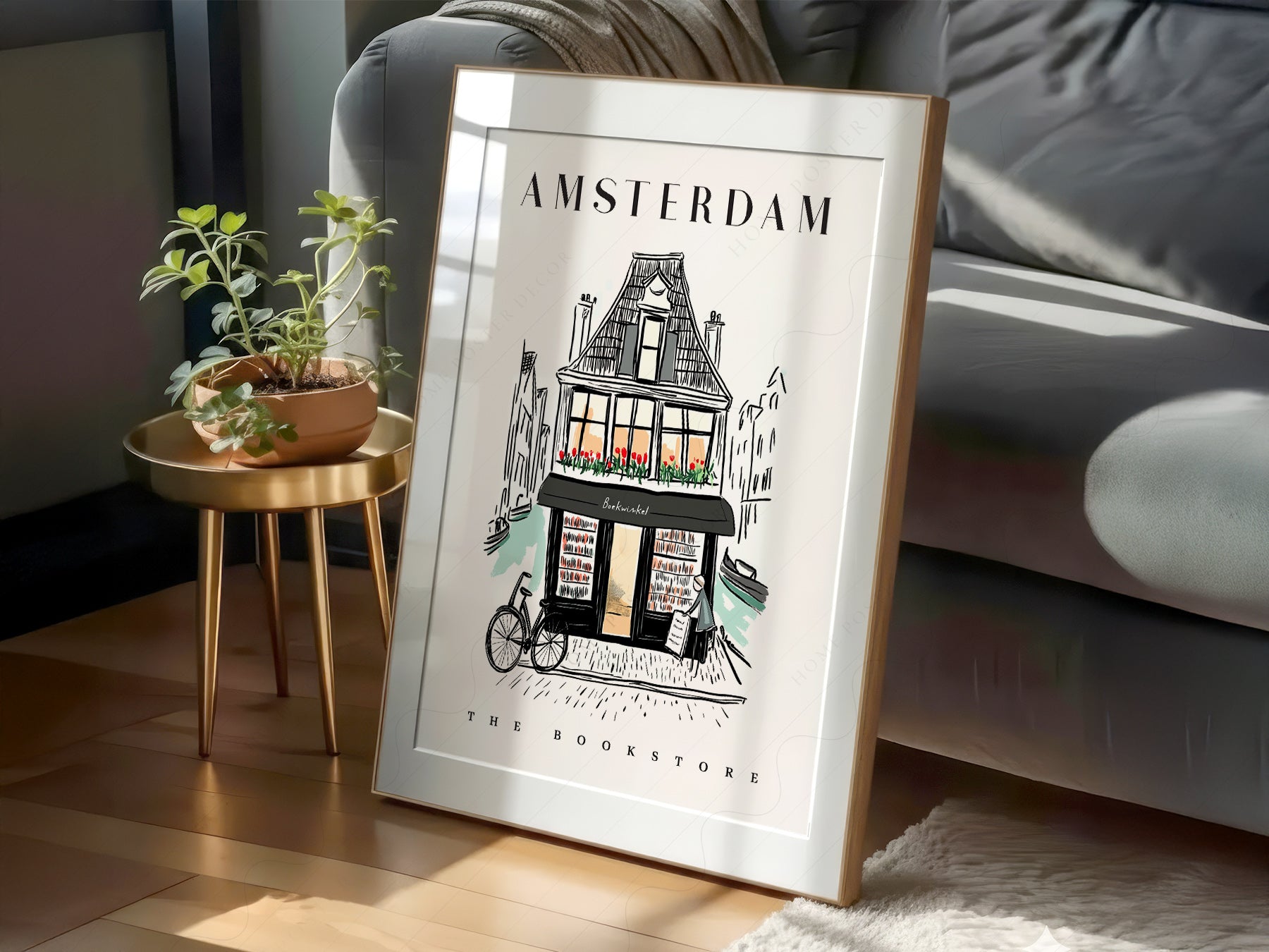 Amsterdam Bookstore print styled in a mid-century modern dining room