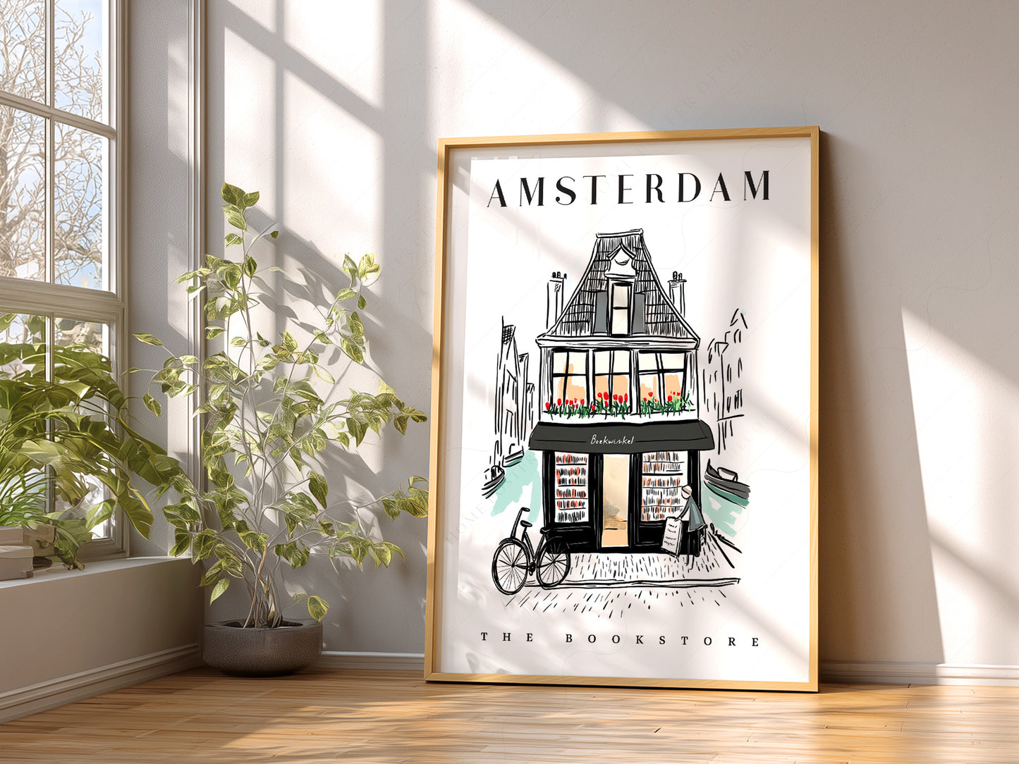 Amsterdam Bookstore art print as wall decor in a minimalist home office