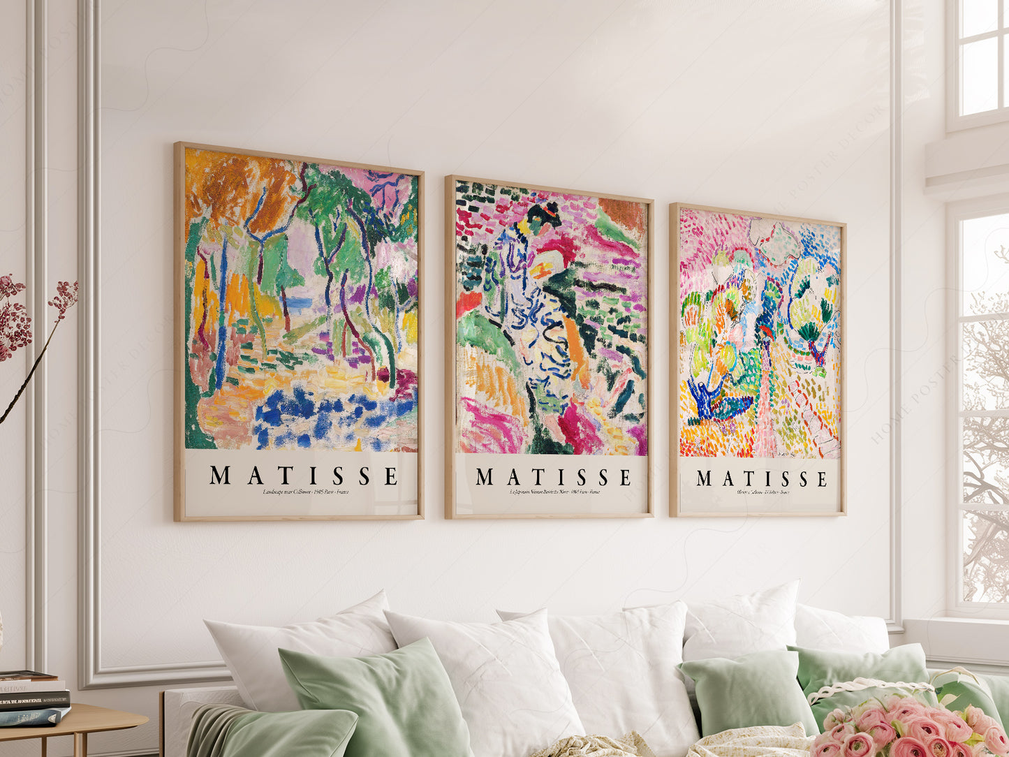 Henri Matisse Gallery Wall Set of 3 print styled in a mid-century modern dining room