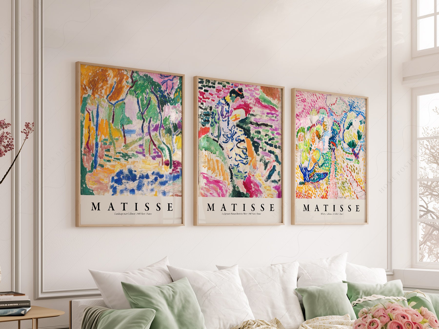 Henri Matisse Gallery Wall Set of 3 print styled in a mid-century modern dining room