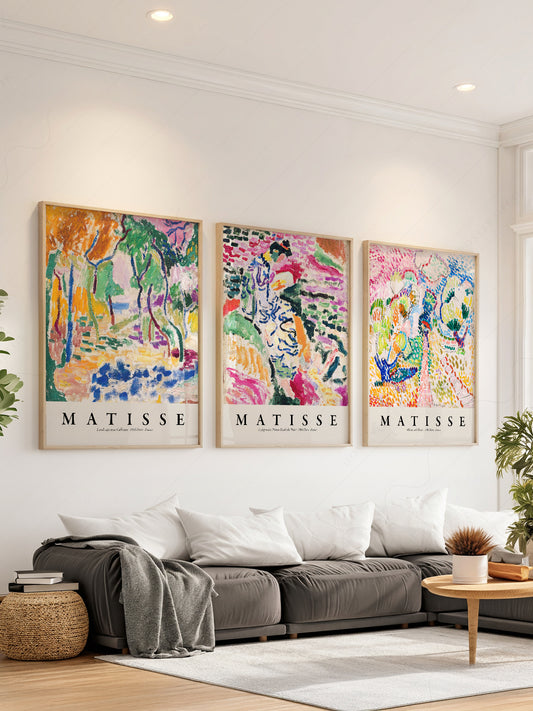 Henri Matisse gallery wall set of three colorful abstract landscape art prints displayed in a modern interior.