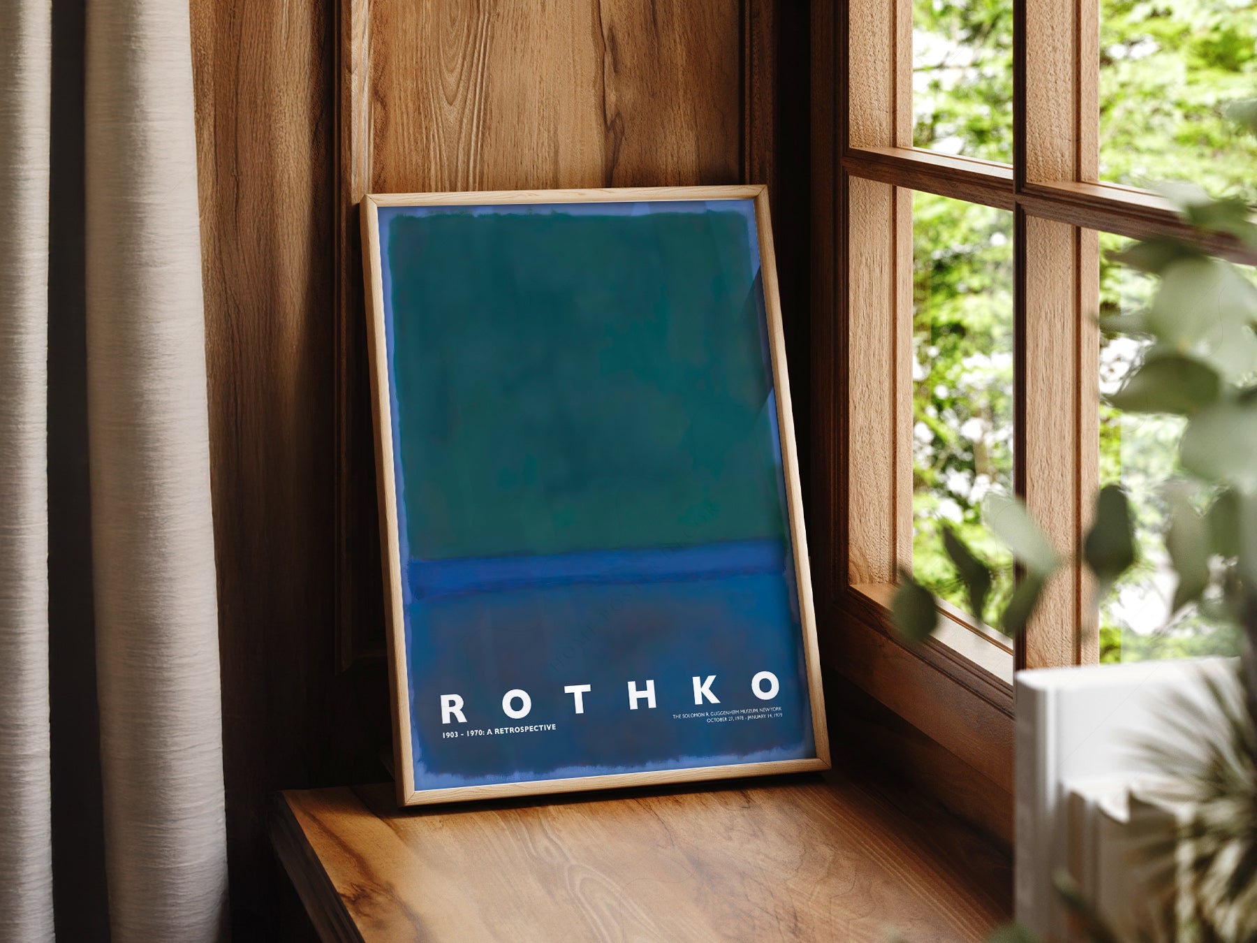 Mark Rothko Untitled Green Blue print styled in a mid-century modern dining room