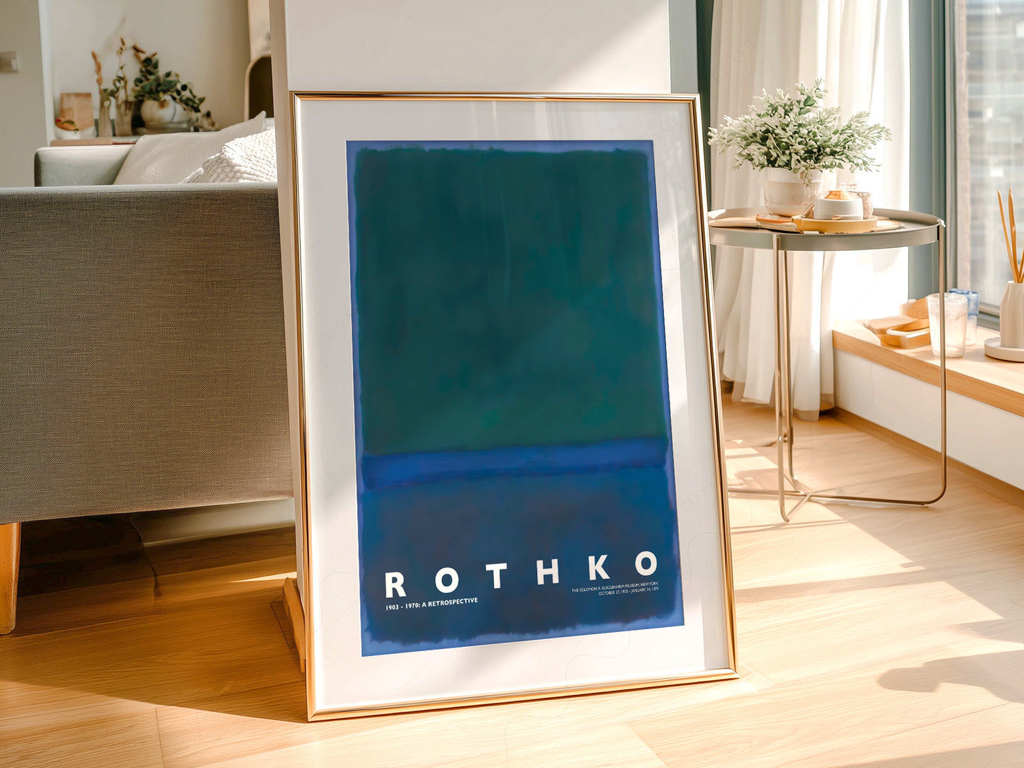Mark Rothko Untitled Green Blue wall art print displayed in a bright modern living room