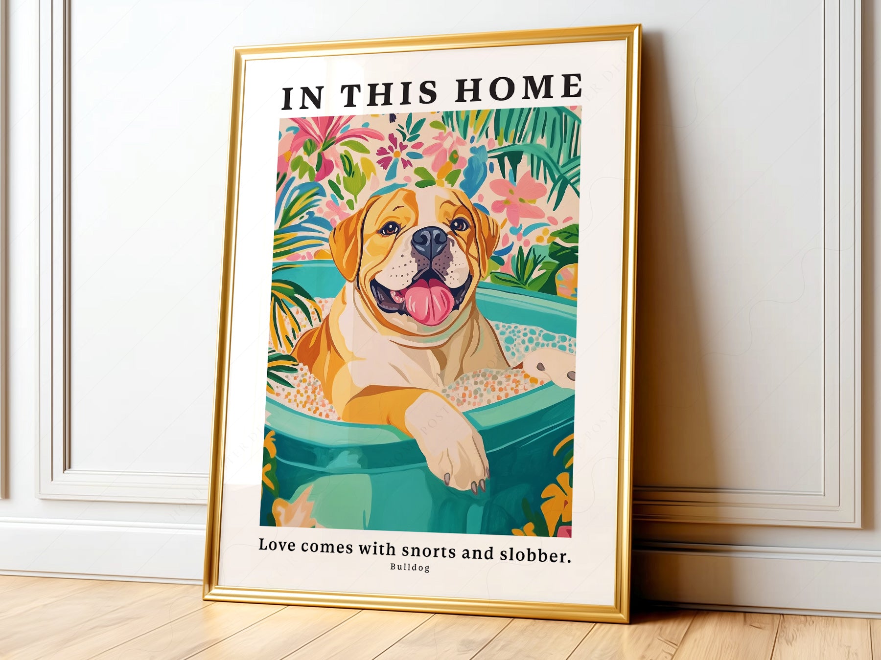 Bulldog wall art print featuring a happy dog in a tropical tub with colorful floral background.