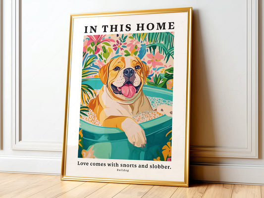 Bulldog wall art print featuring a happy dog in a tropical tub with colorful floral background.