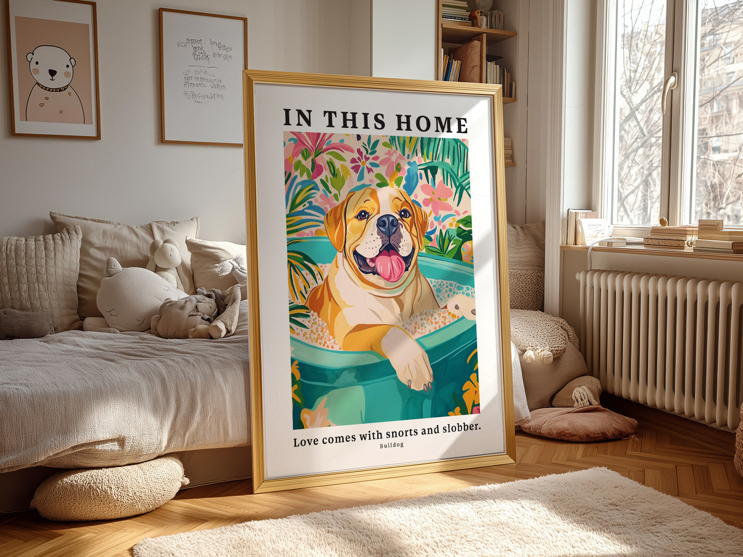 Bulldog Wall print styled in a mid-century modern dining room