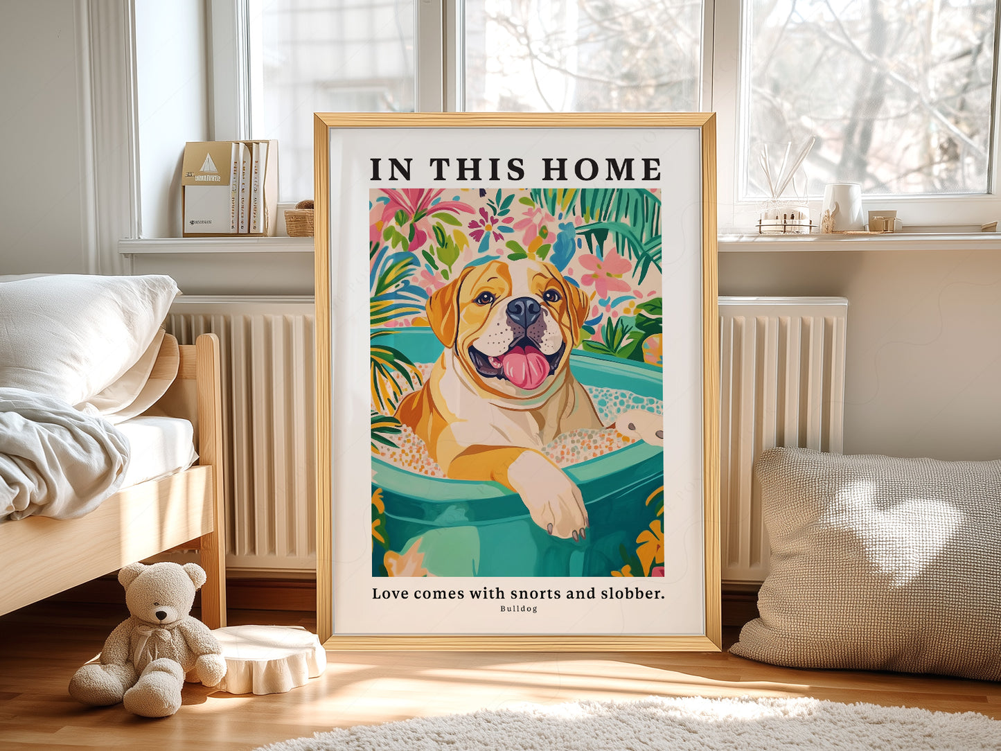 Bulldog Wall wall art print displayed in a bright modern living room