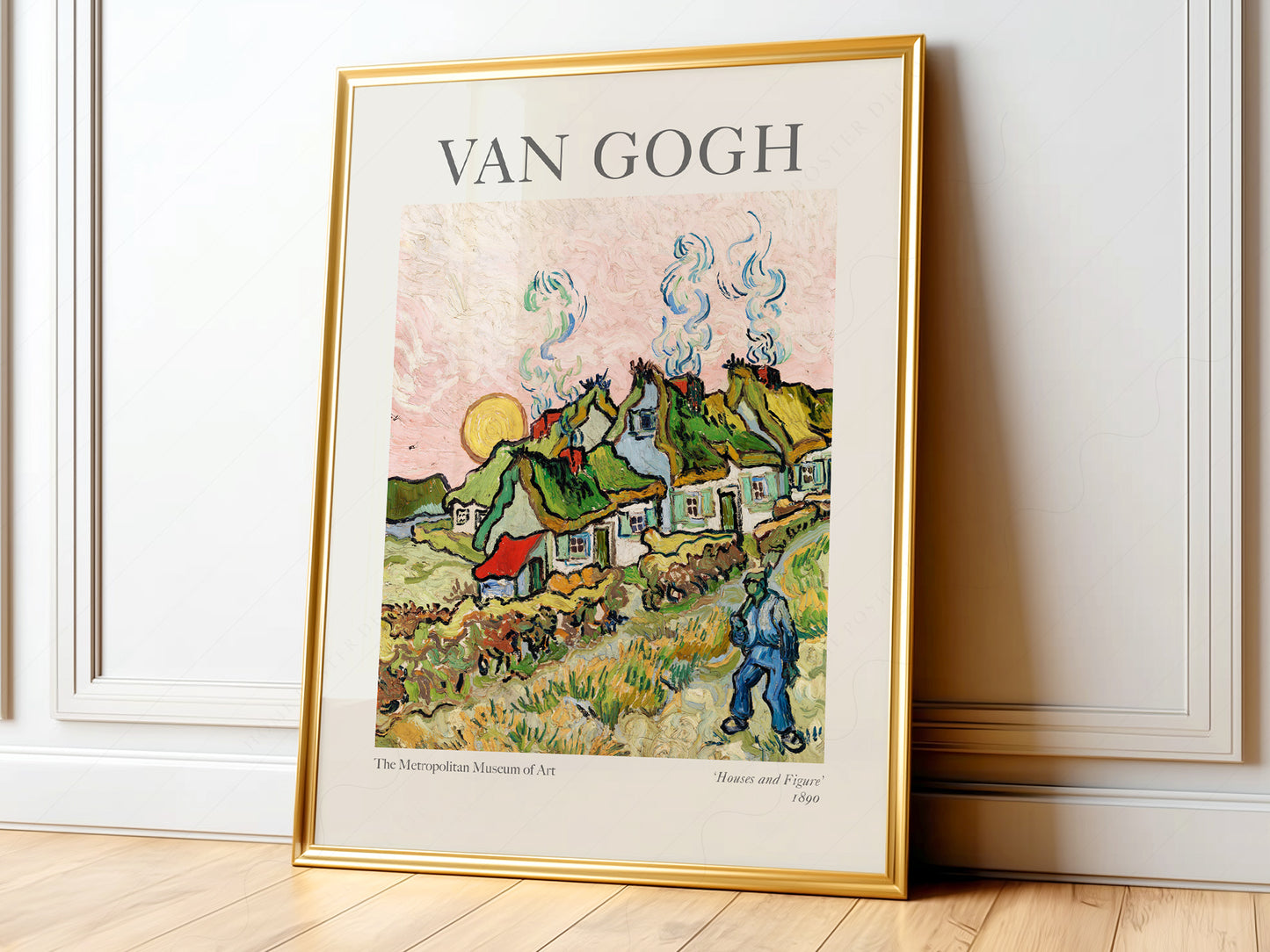 Van Gogh Houses and Figure wall art print featuring thatched cottages with chimney smoke in a pastoral Post-Impressionist landscape.