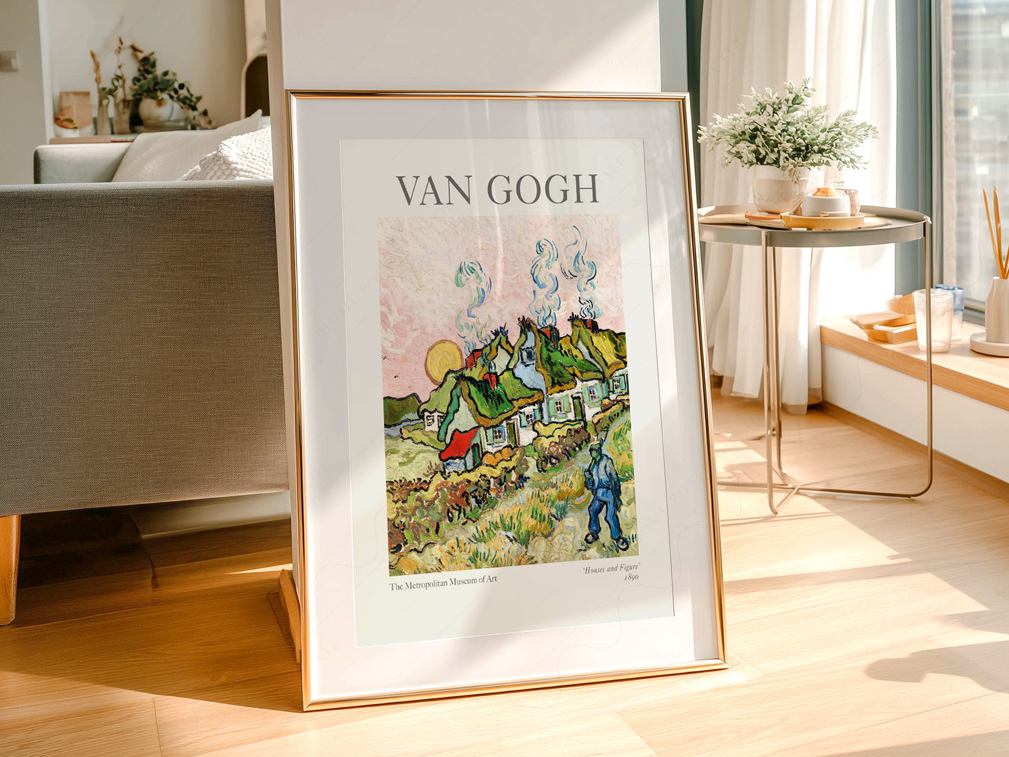 Vincent Van Gogh Houses and Figure print styled in a mid-century modern dining room