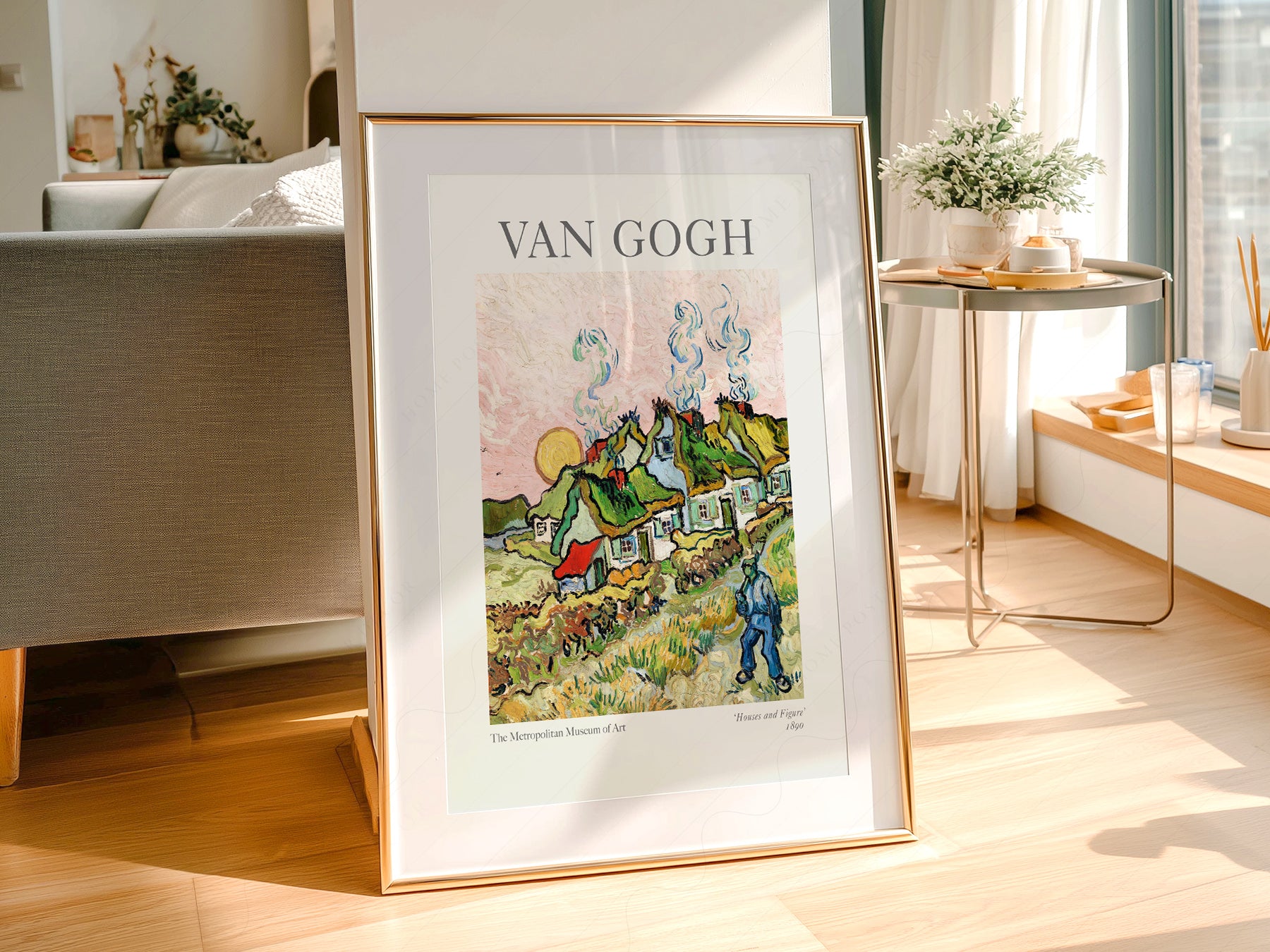 Vincent Van Gogh Houses and Figure print styled in a mid-century modern dining room