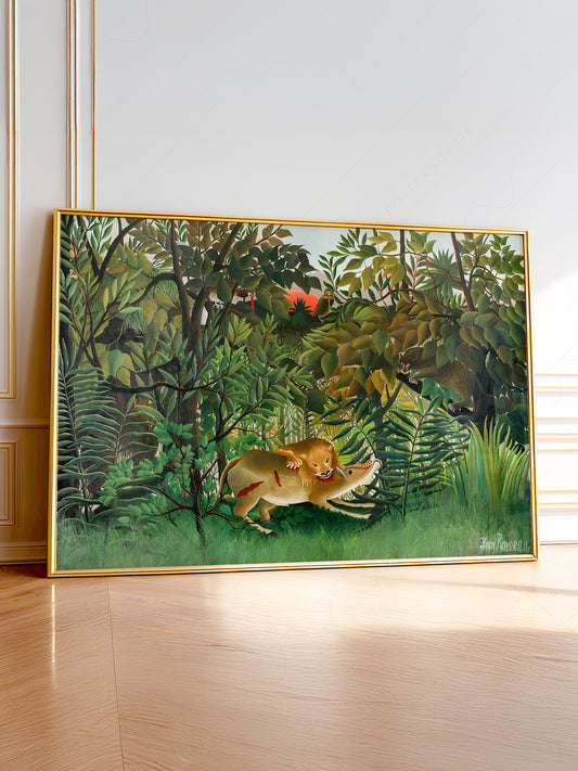 Henri Rousseau The Hungry Lion wall art print featuring a lion in a lush tropical jungle scene.