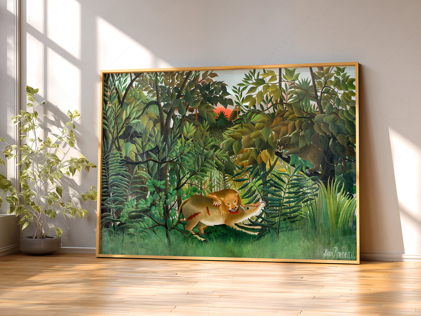 Henri Rousseau The Hungry Lion print styled in a mid-century modern dining room