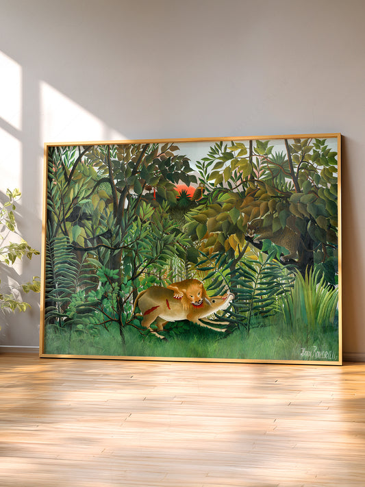 Henri Rousseau The Hungry Lion wall art print displayed in a bright modern living room