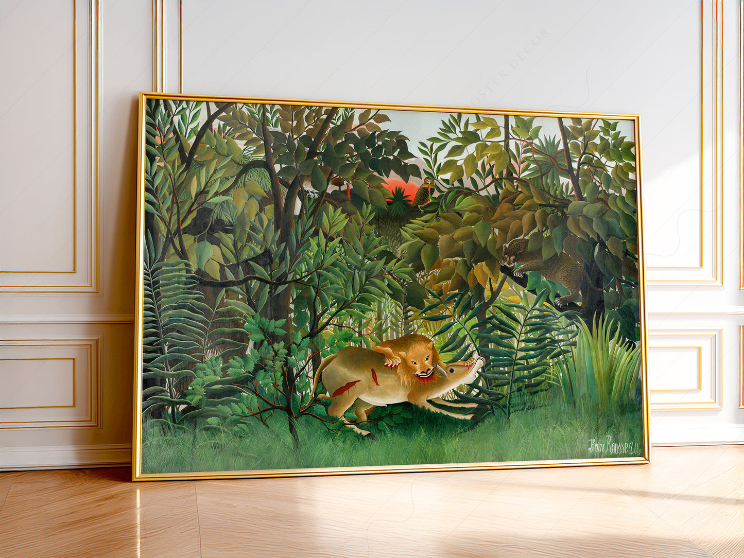Henri Rousseau The Hungry Lion wall art print featuring a lion in a lush tropical jungle scene.