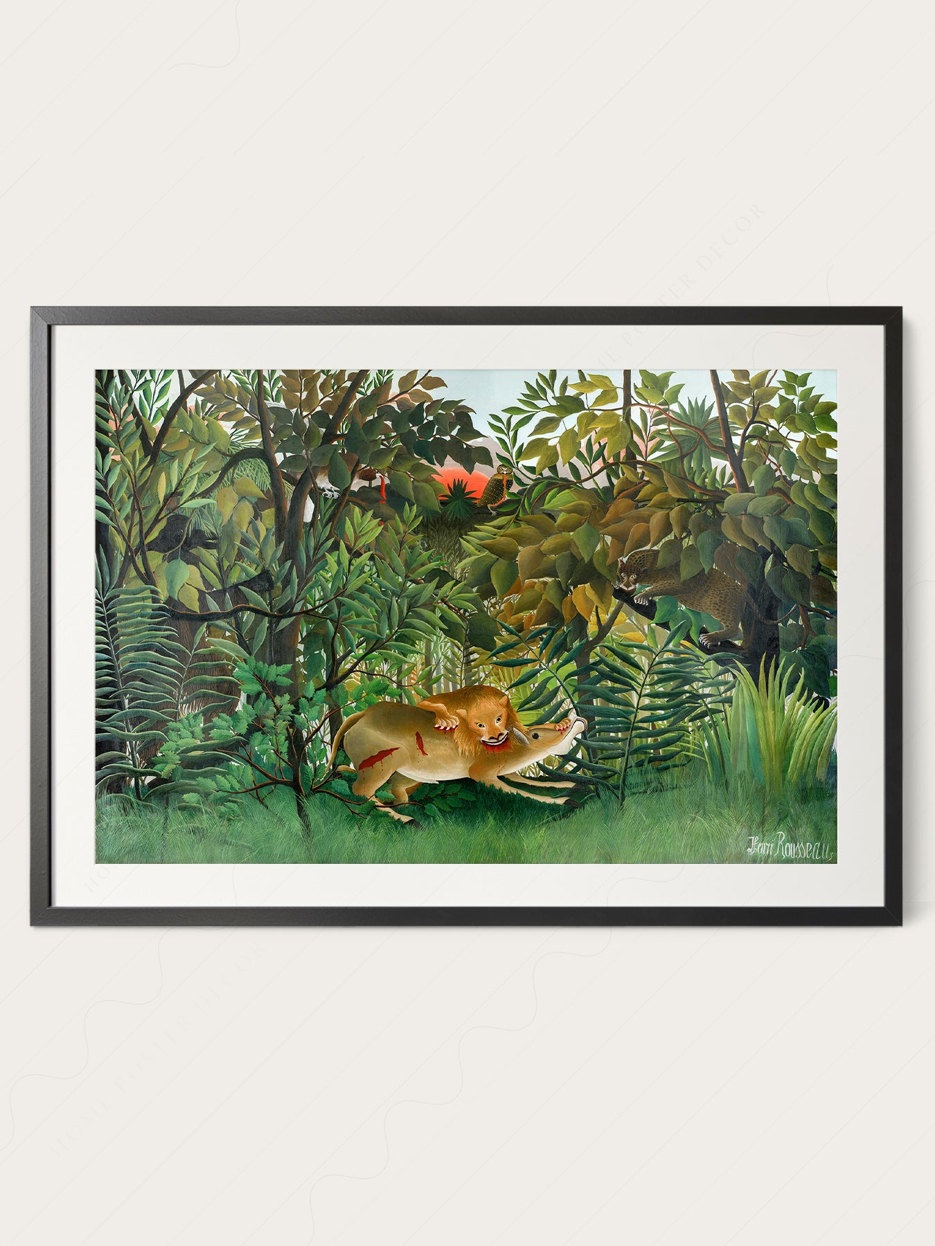 Gallery wall featuring Henri Rousseau The Hungry Lion fine art print