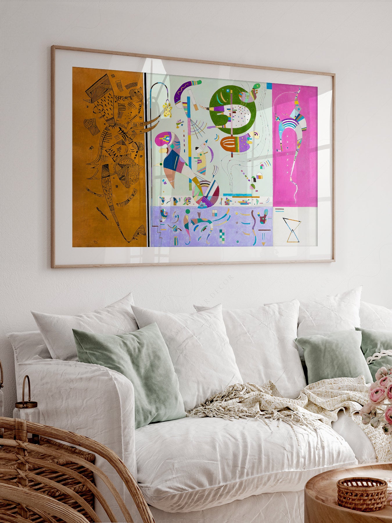 Wassily Kandinsky art print styled in a Scandinavian bedroom