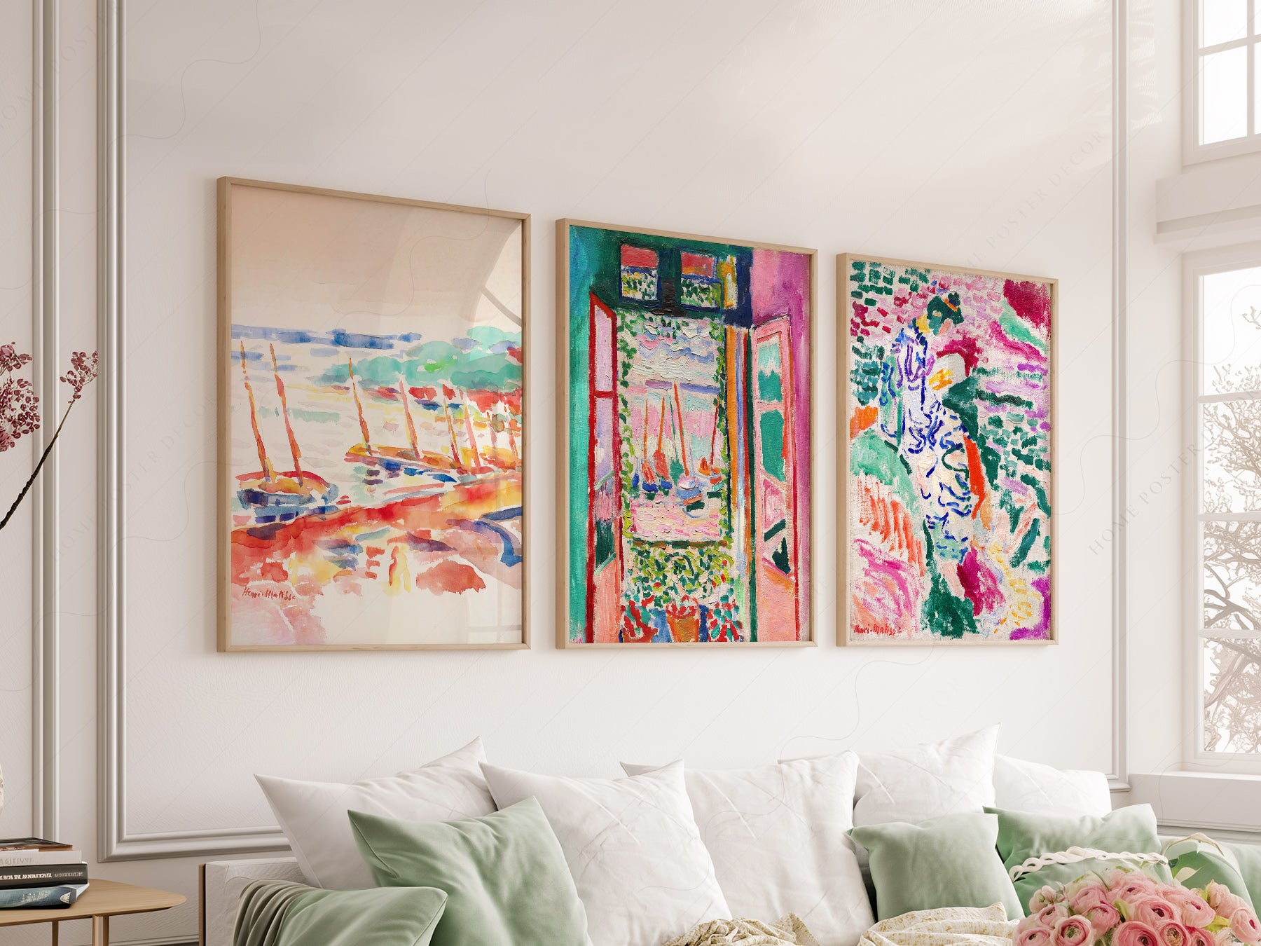 Henri Matisse Gallery Wall Set of 3 print styled in a mid-century modern dining room