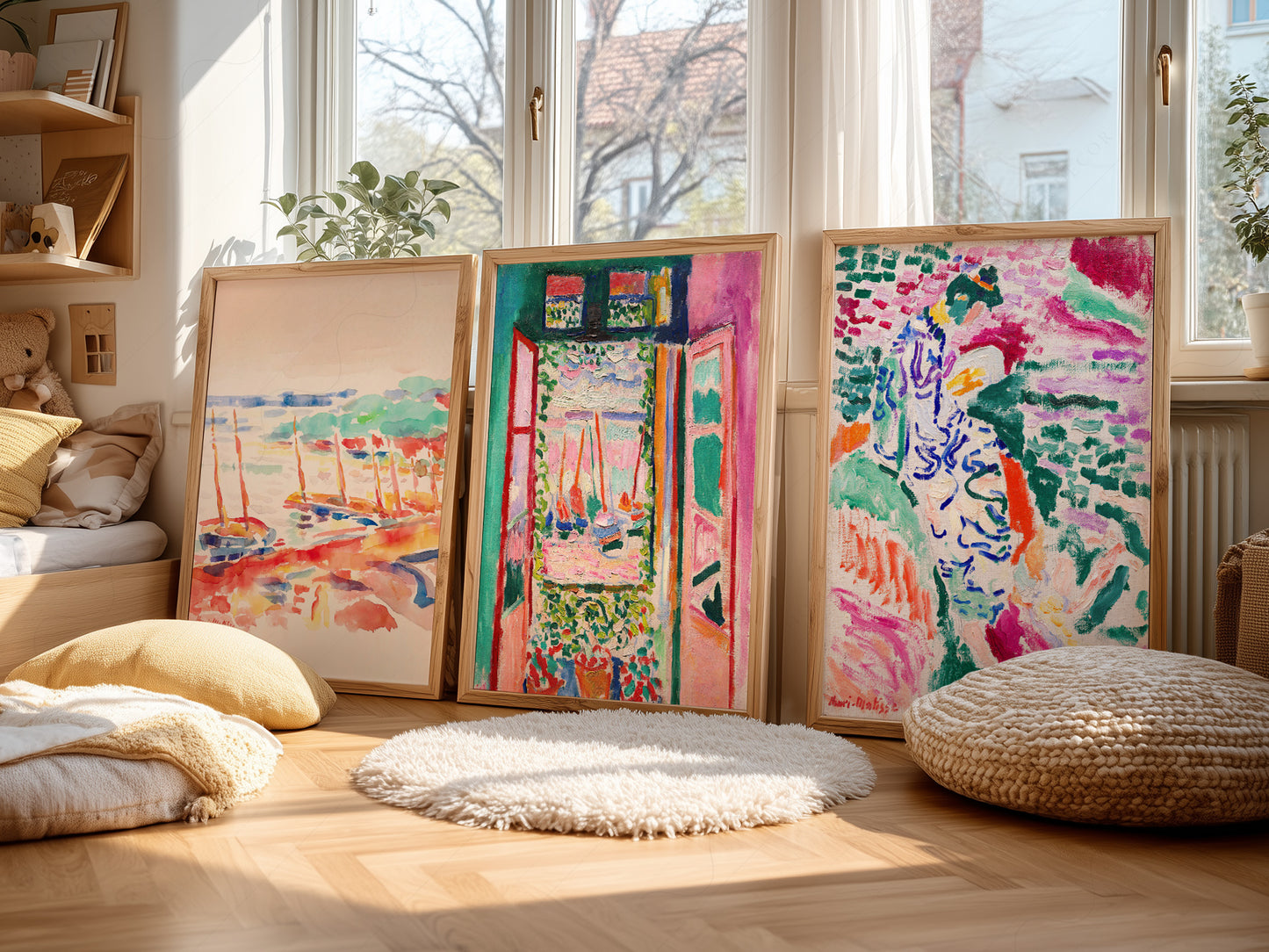 Henri Matisse gallery wall set of three Fauvist art prints featuring The Open Window, View at Collioure, and The Boats.