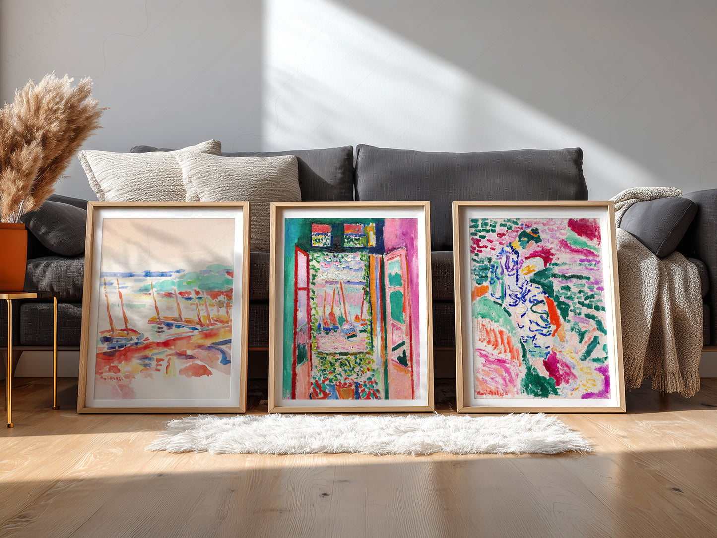 Henri Matisse gallery wall set of three Fauvist art prints featuring The Open Window, View at Collioure, and The Boats.