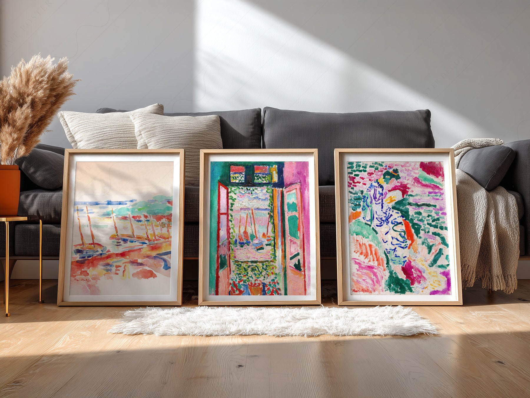 Henri Matisse gallery wall set of three Fauvist art prints featuring The Open Window, View at Collioure, and The Boats.