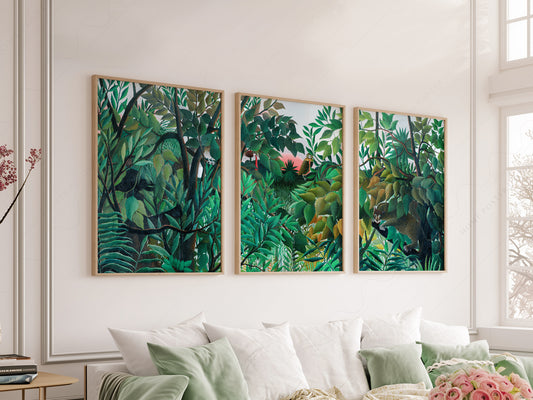 Henri Rousseau jungle set of 3 wall art prints featuring lush tropical foliage and exotic wildlife in green tones.