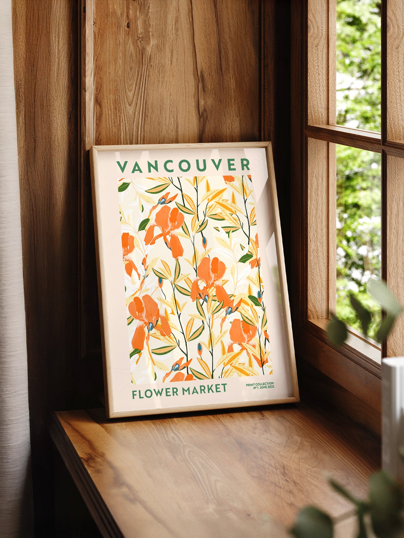 Vancouver Flower Market print styled in a mid-century modern dining room