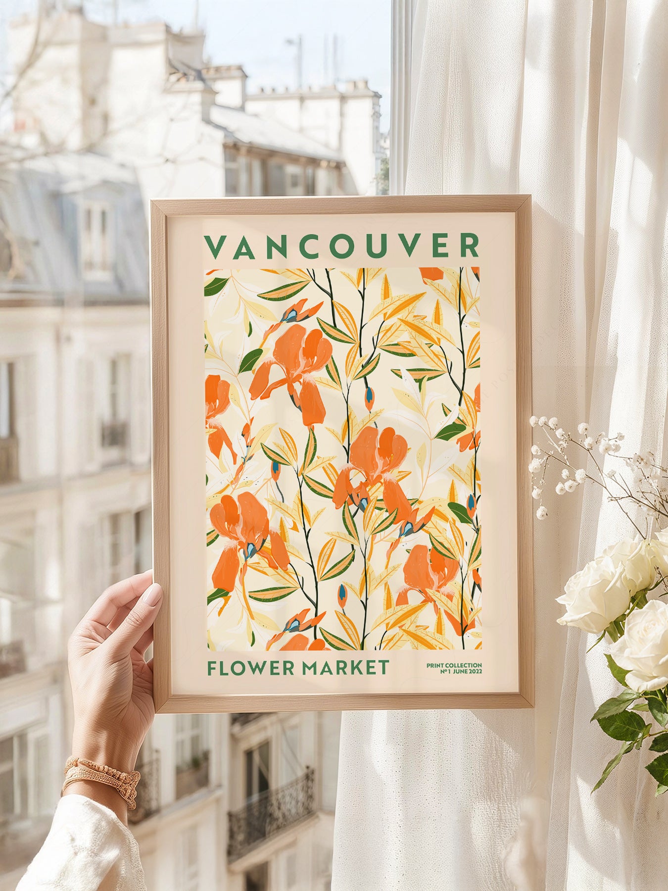Vancouver Flower Market art print as wall decor in a minimalist home office