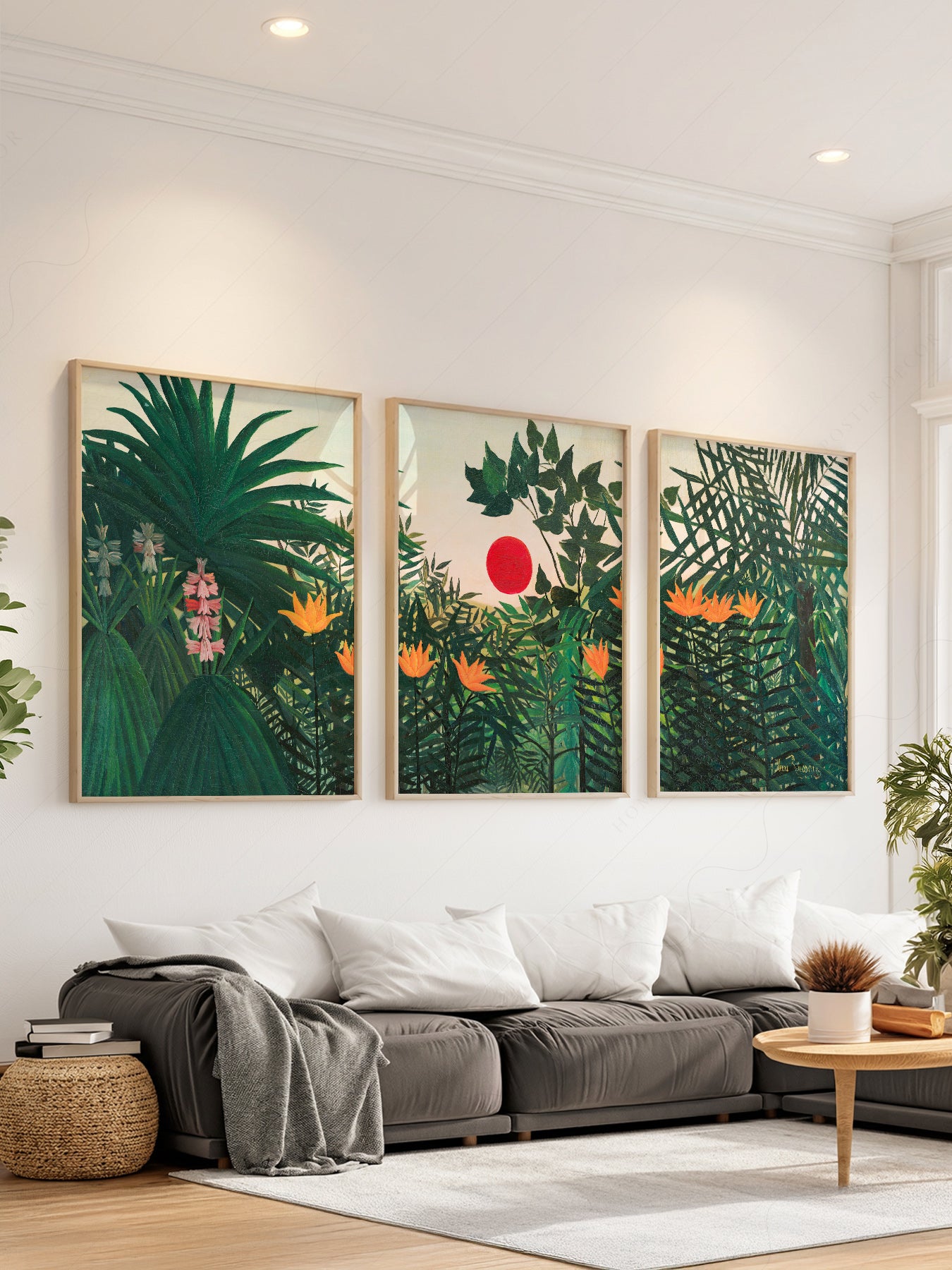 Henri Rousseau jungle set of 3 wall art prints featuring tropical foliage, exotic flowers, and a red sun.