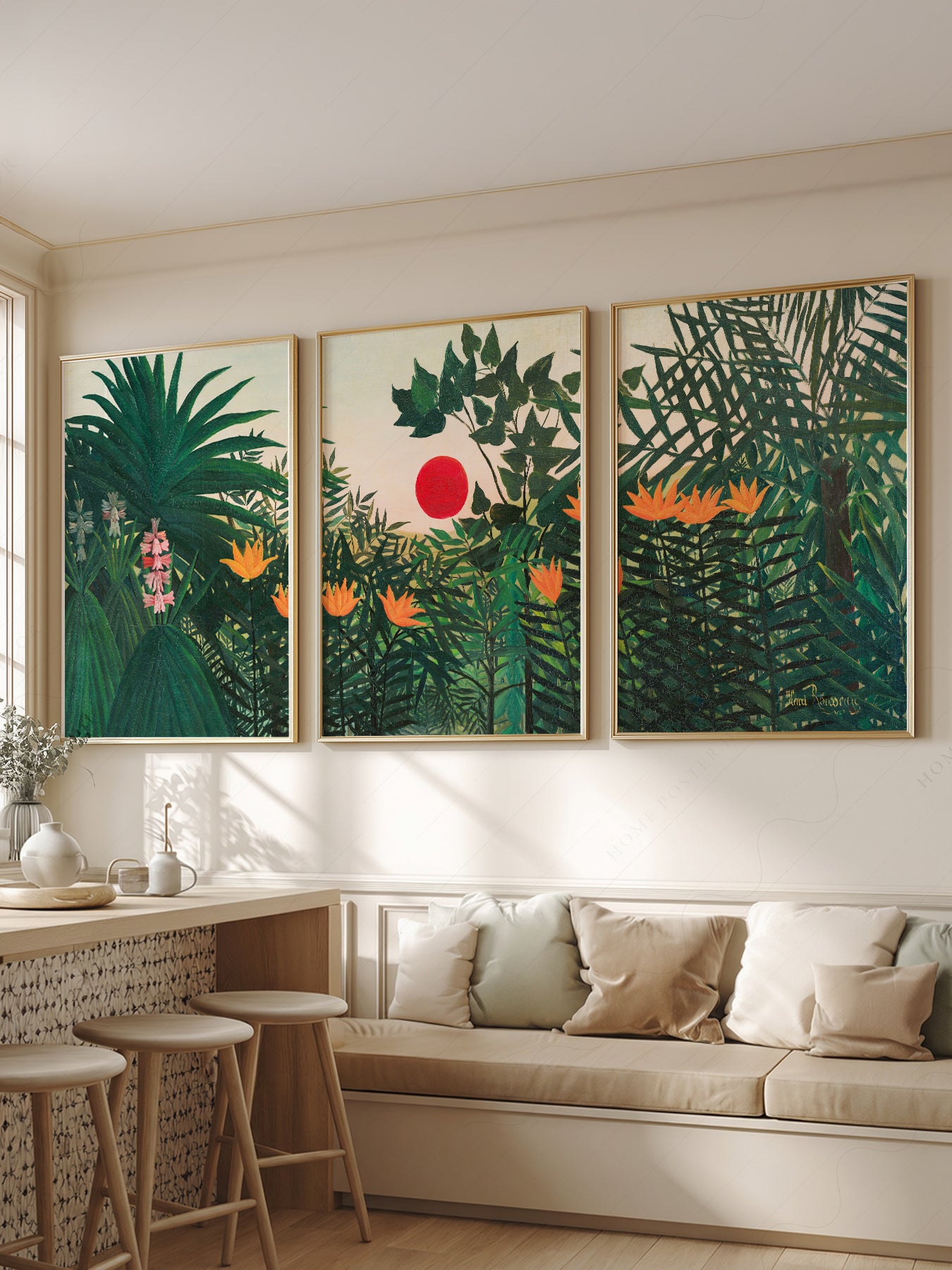 Henri Rousseau Jungle Set of 3 Prints wall art print displayed in a bright modern living room