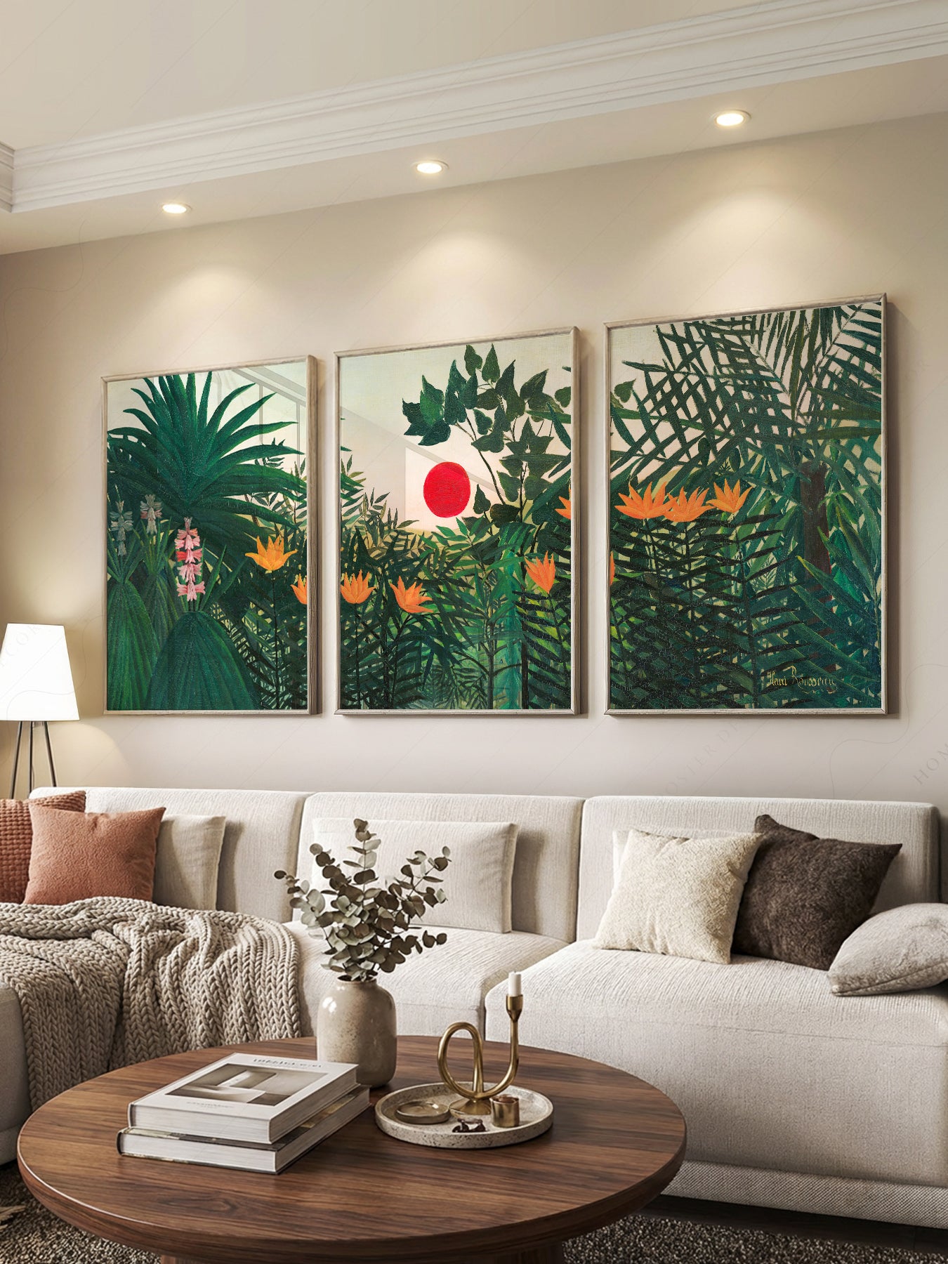 Henri Rousseau Jungle Set of 3 Prints print styled in a mid-century modern dining room