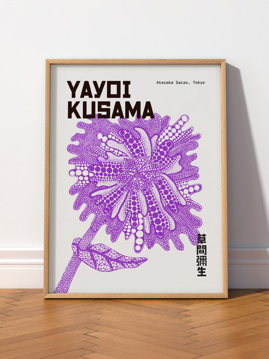 Yayoi Kusama Purple Flower wall art print displayed in a bright modern living room