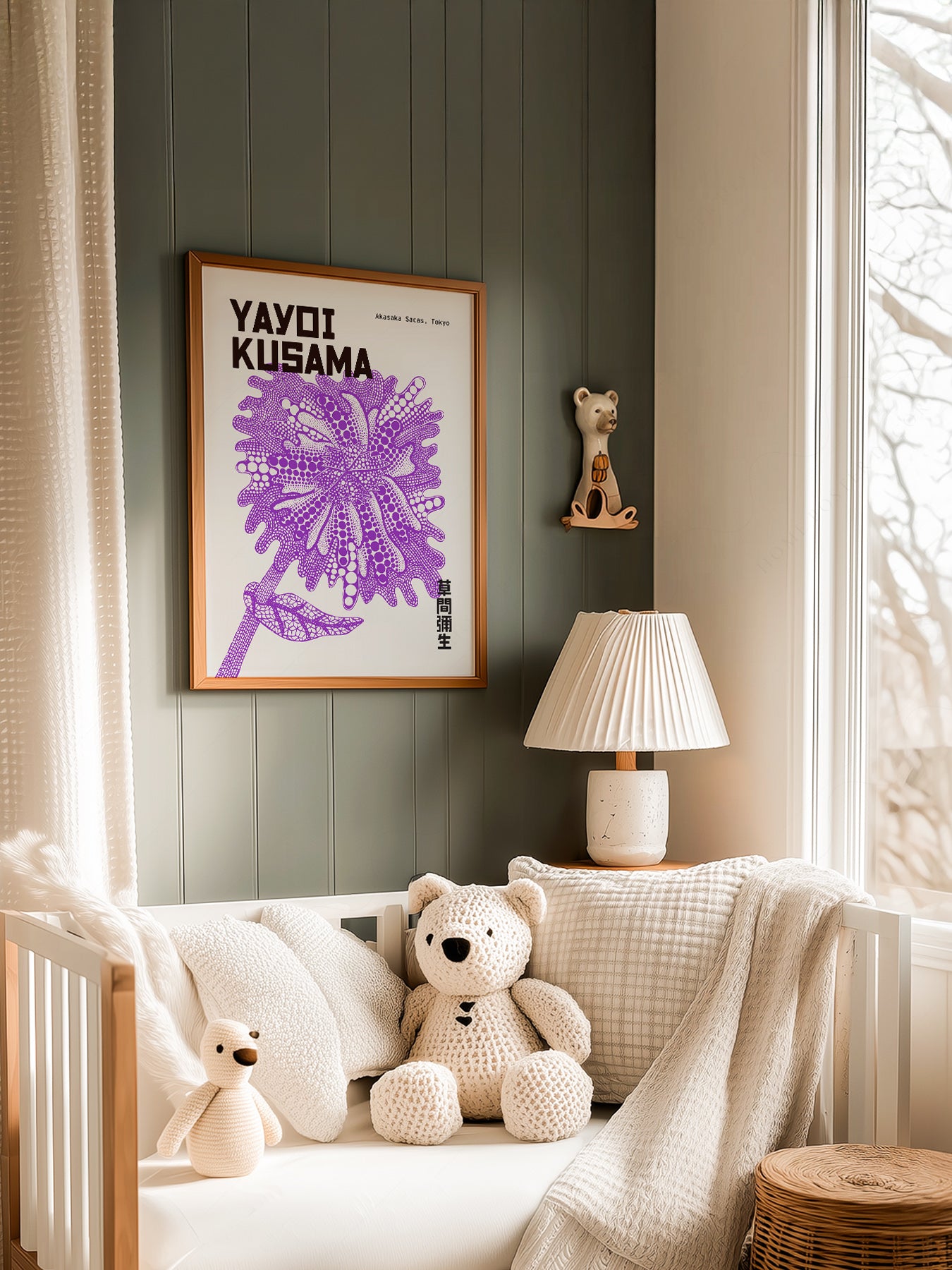 Yayoi Kusama Purple Flower in a light-filled Japandi-inspired living space