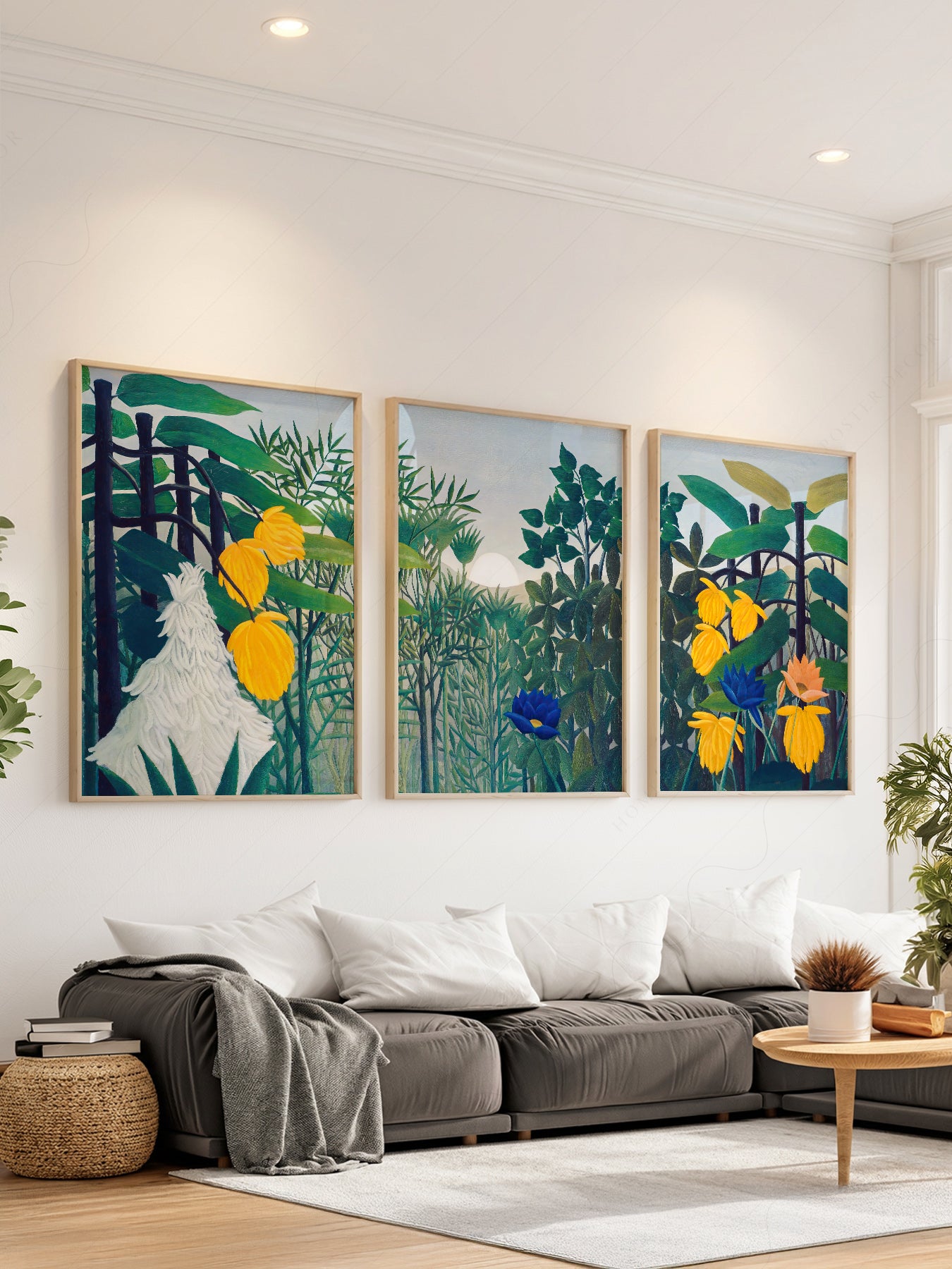 Henri Rousseau The Repast of the Lion set of 3 jungle wall art prints with tropical foliage and white lion.