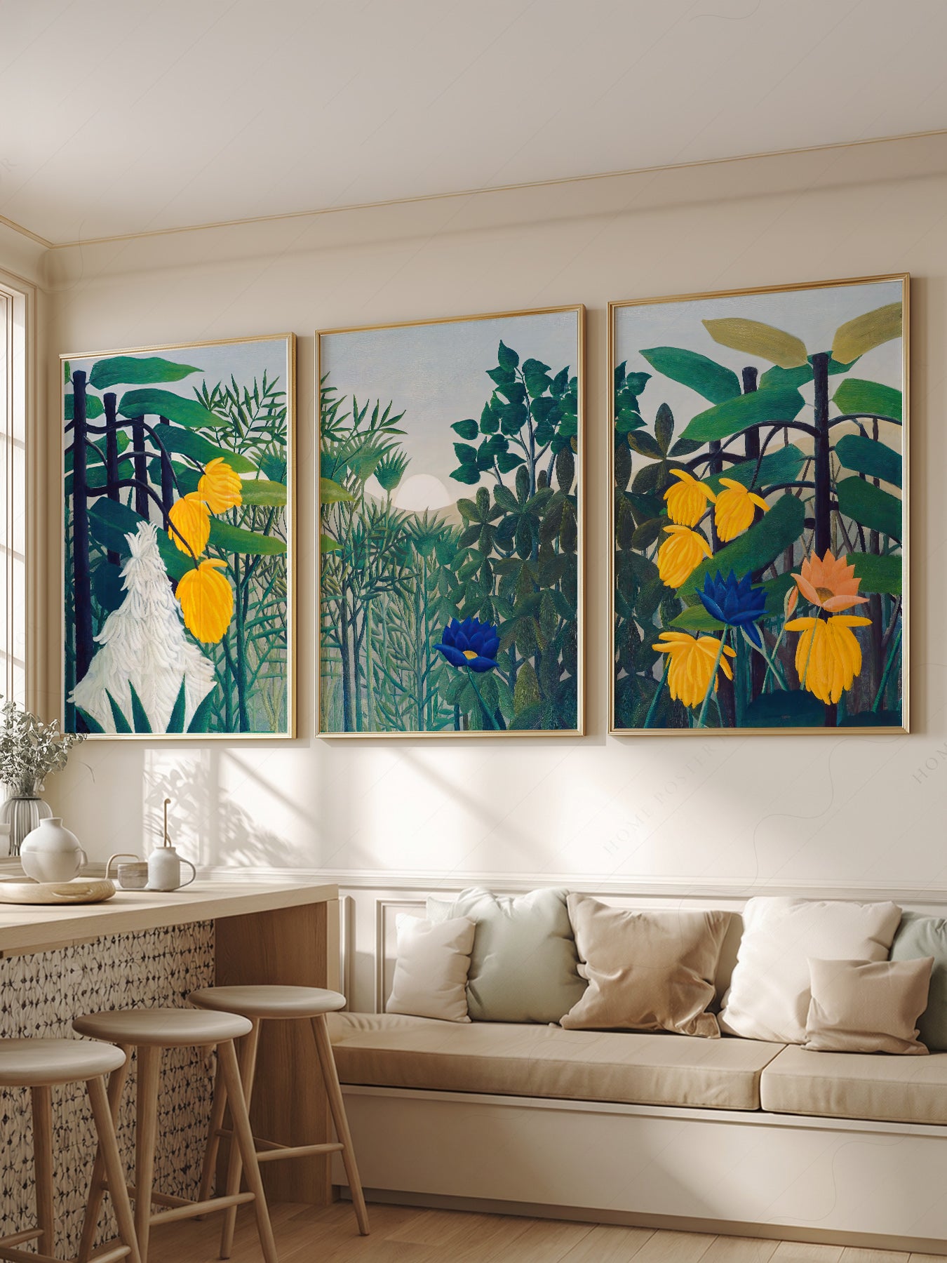 Henri Rousseau The Repast of the Lion wall art print displayed in a bright modern living room
