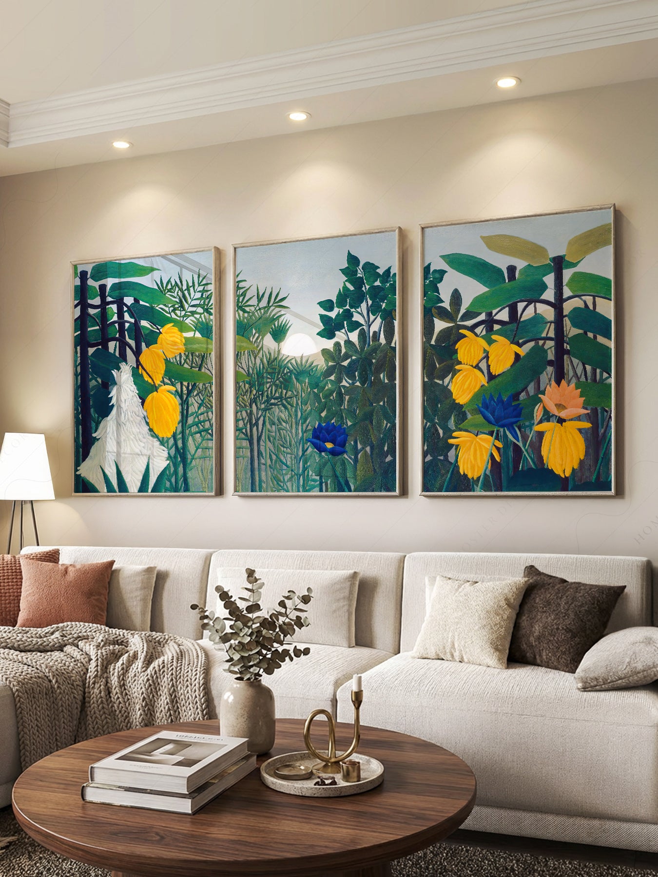 Henri Rousseau The Repast of the Lion print styled in a mid-century modern dining room