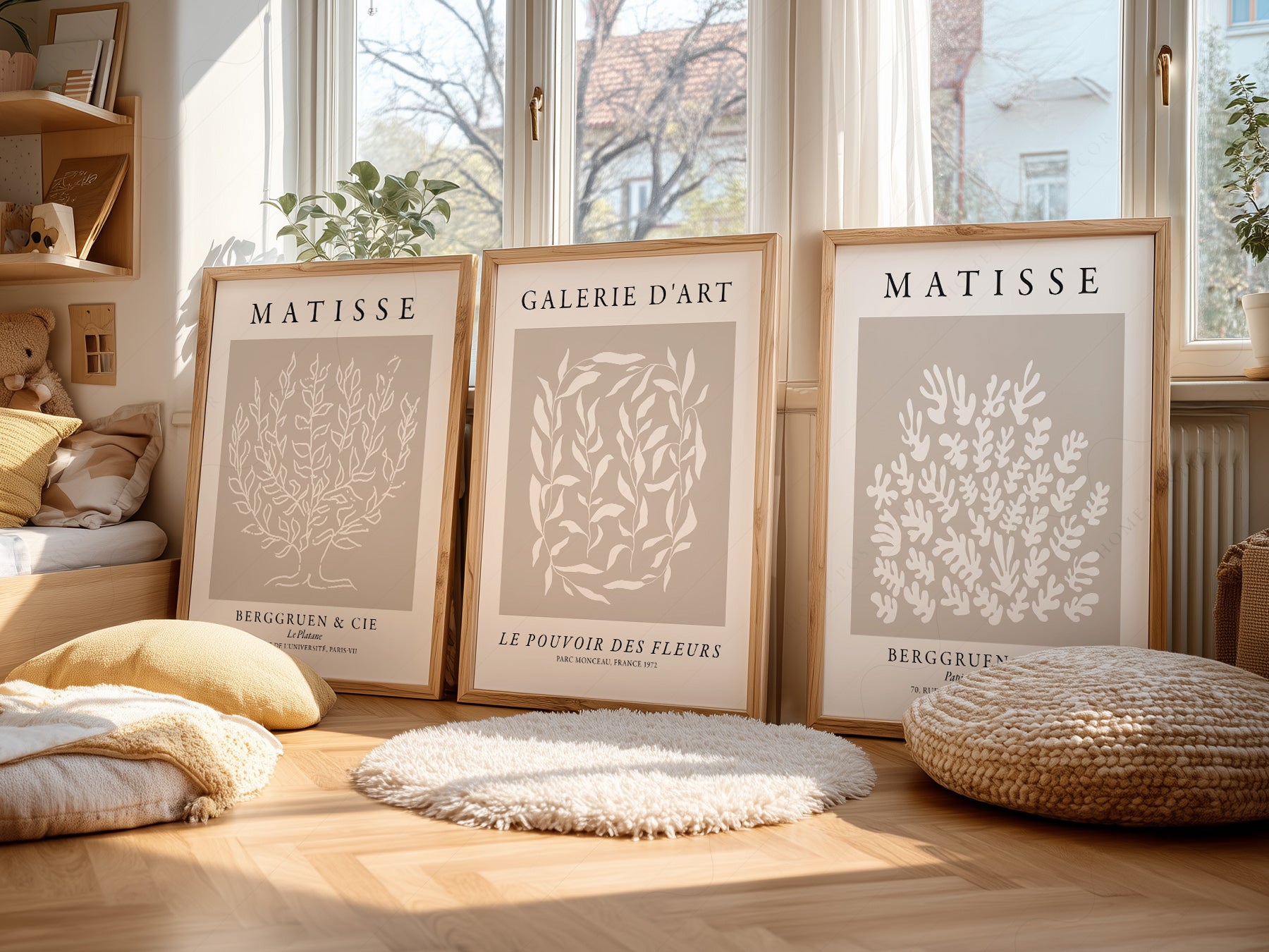 Henri Matisse set of three botanical cut-out art prints in soft beige tones displayed as gallery wall art.