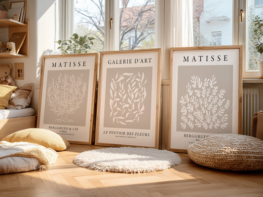 Henri Matisse set of three botanical cut-out art prints in soft beige tones displayed as gallery wall art.