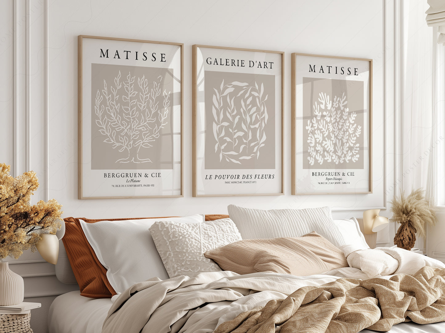 Henri Matisse Set of 3 Prints print styled in a mid-century modern dining room