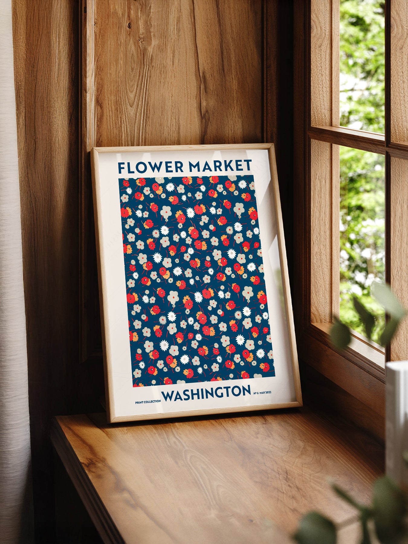 Flower Market Washington print styled in a mid-century modern dining room