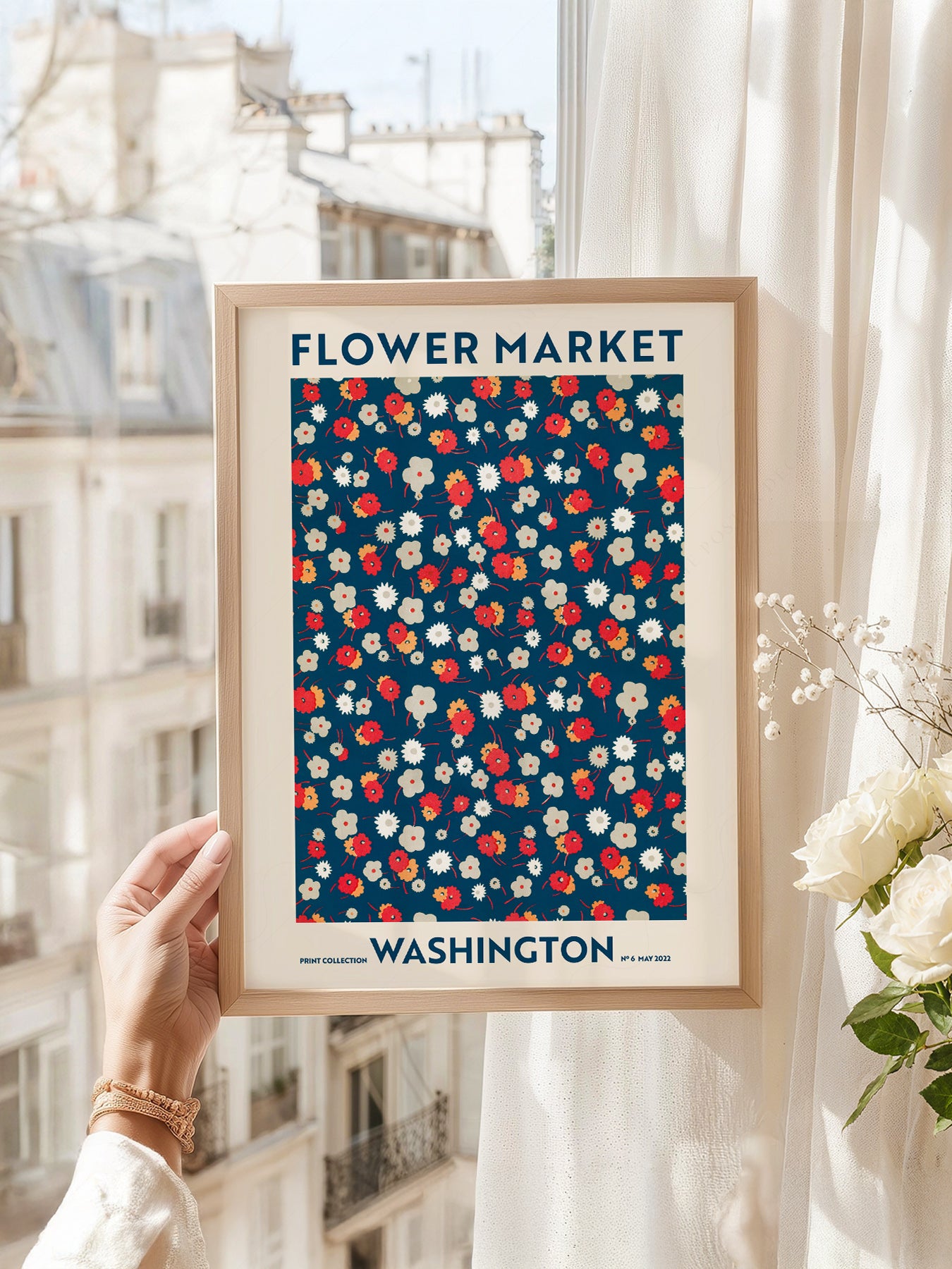 Flower Market Washington art print as wall decor in a minimalist home office
