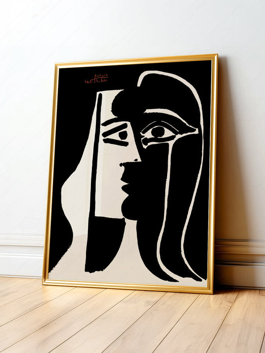 Pablo Picasso Two Faces black and white Cubist art print featuring abstract portrait with bold linework.