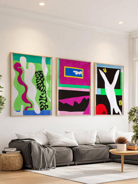 Henri Matisse gallery wall set of three art prints featuring bold cut-out shapes in vibrant colors.