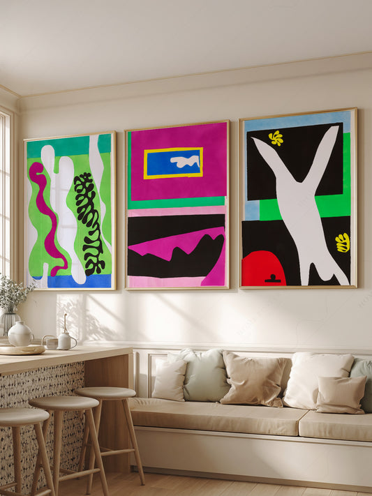 Henri Matisse Gallery Wall Set of 3 wall art print displayed in a bright modern living room