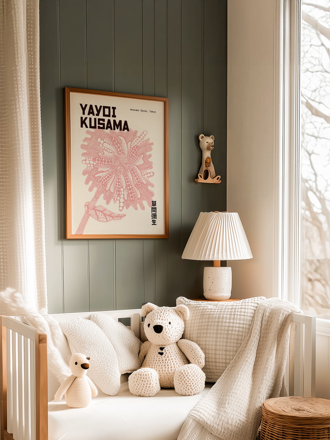 Yayoi Kusama Pink Flower in a light-filled Japandi-inspired living space